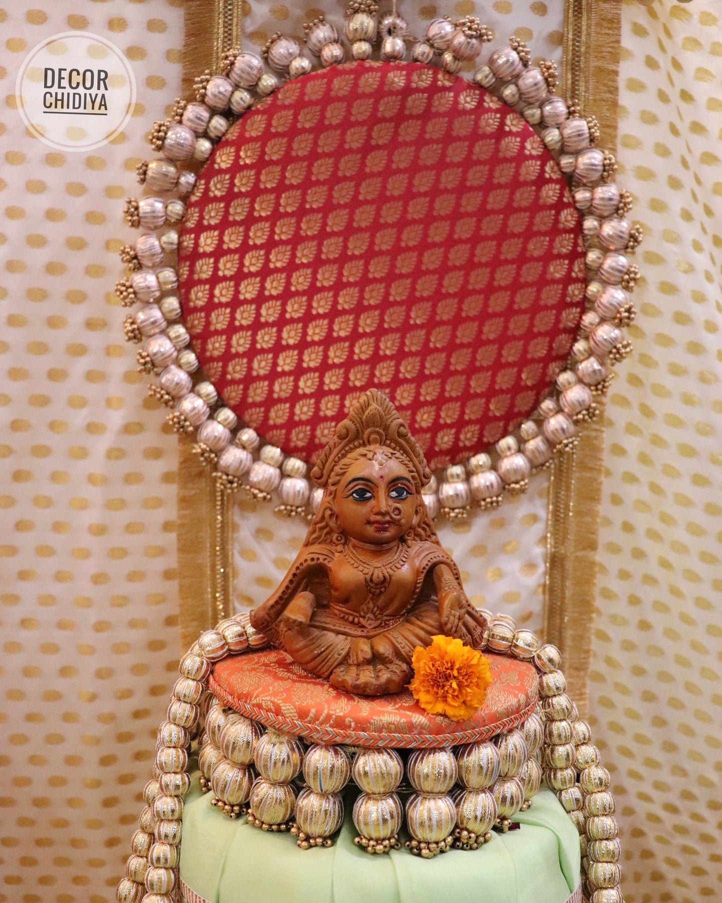 Amrai Temple Decor - Beautiful temple decor setup -Pastel green and red accents temple decor