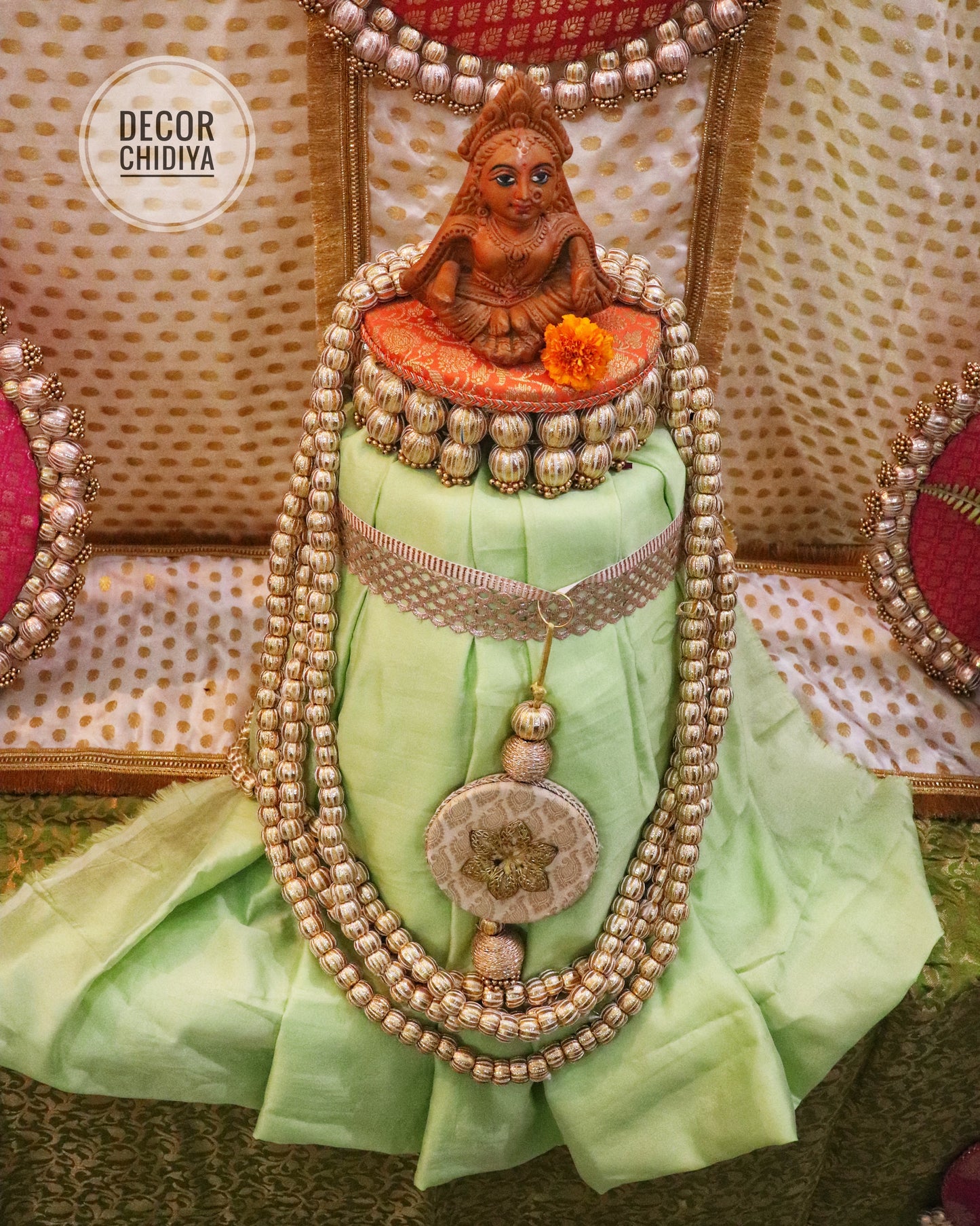 Amrai Temple Decor - Beautiful temple decor setup -Pastel green and red accents temple decor