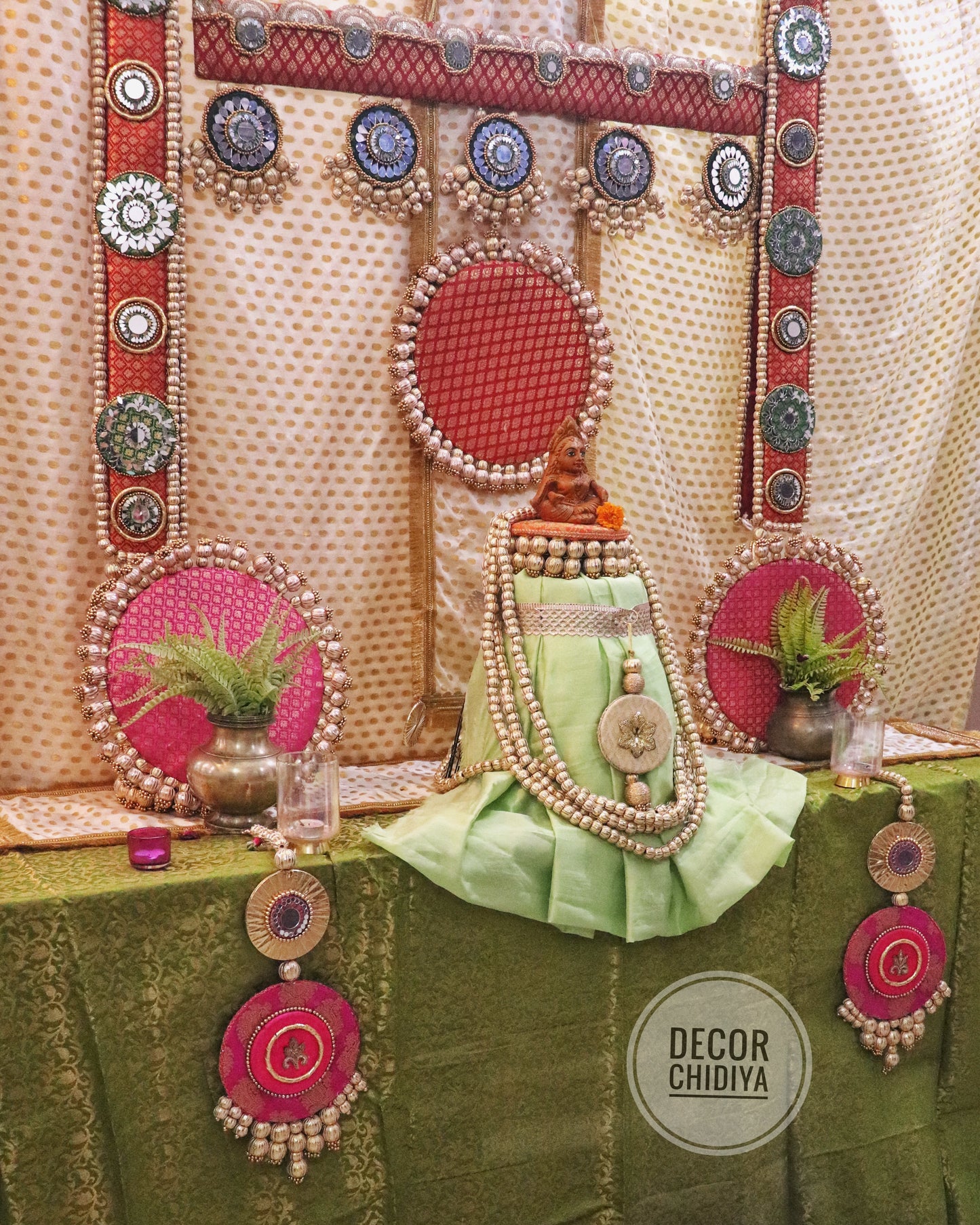 Amrai Temple Decor - Beautiful temple decor setup -Pastel green and red accents temple decor