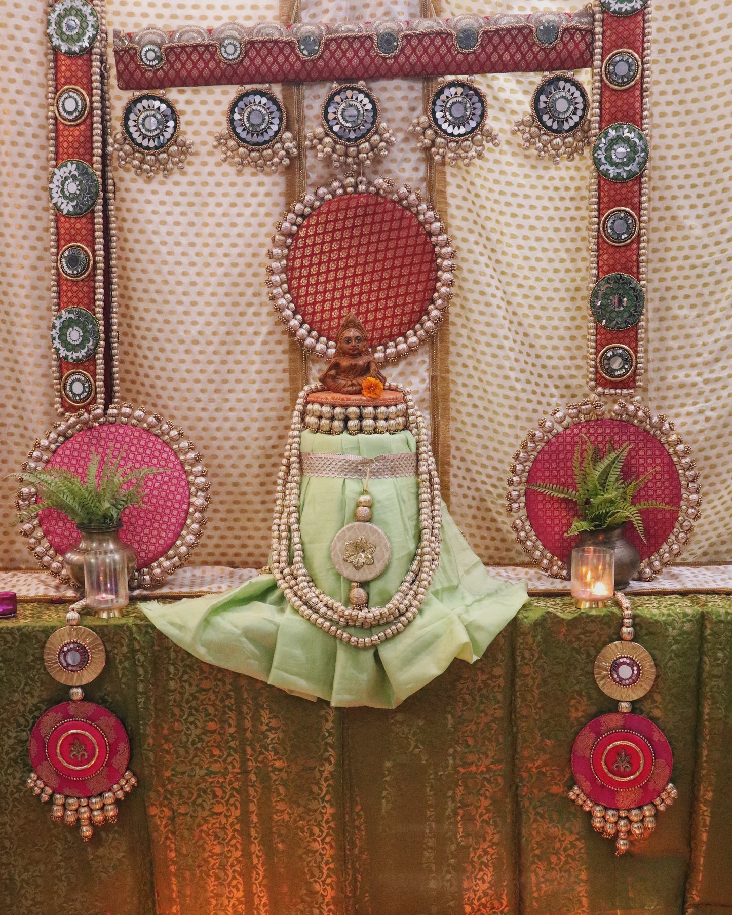 Amrai Temple Decor - Beautiful temple decor setup -Pastel green and red accents temple decor
