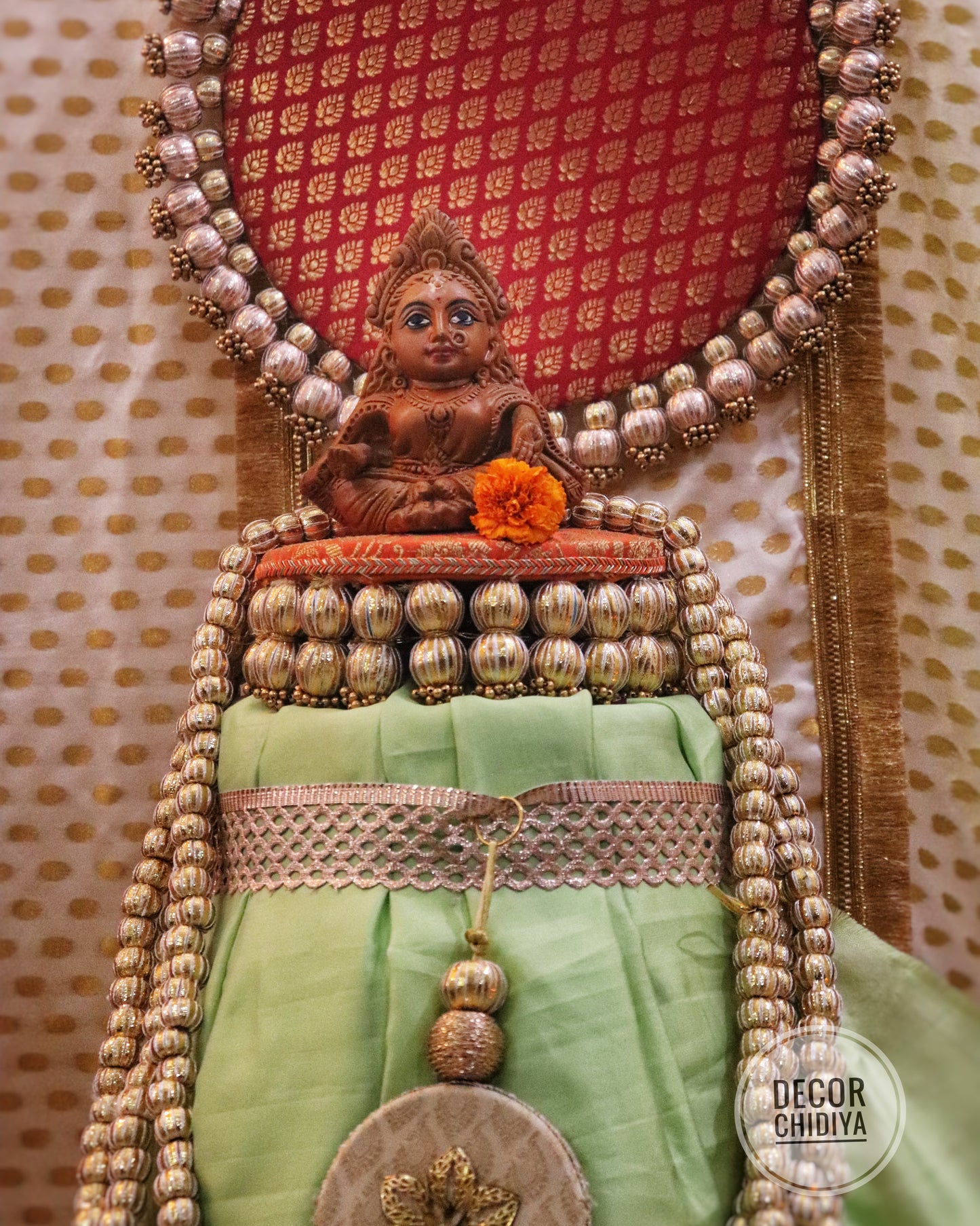 Amrai Temple Decor - Beautiful temple decor setup -Pastel green and red accents temple decor
