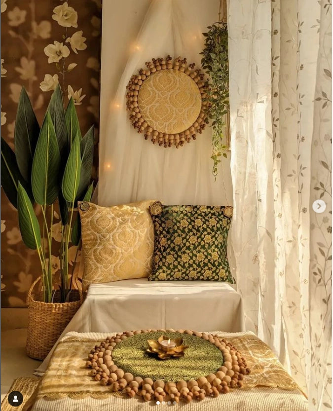 Green & Beige Brocade Ensemble: 2 Placemats (14 inches), 1 runner & 2 Cushion Covers Set