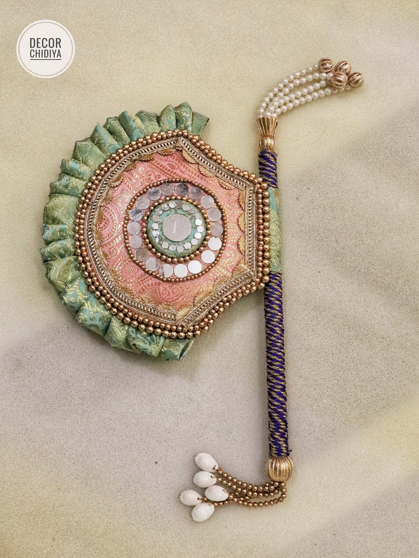 Seagreen and pastel pink - Beejana or handfan in Banarasi fabric and mirrorwork detail