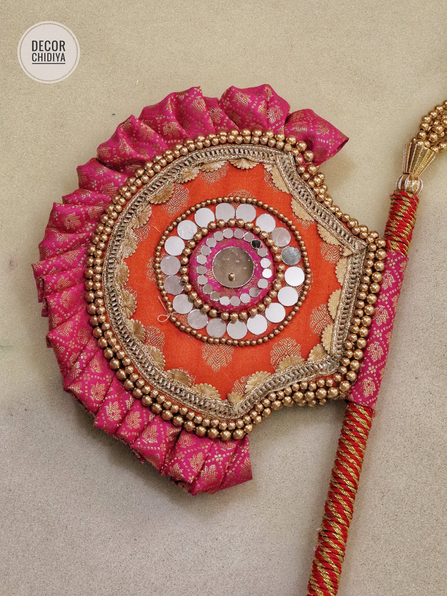 Orange and Pink - Beejana or handfan in Banarasi fabric and mirrorwork detail