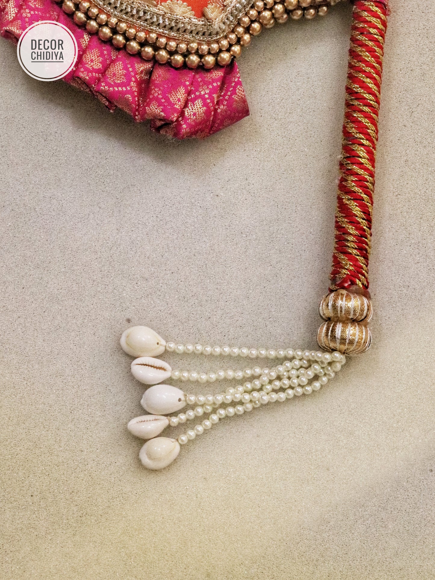 Orange and Pink - Beejana or handfan in Banarasi fabric and mirrorwork detail