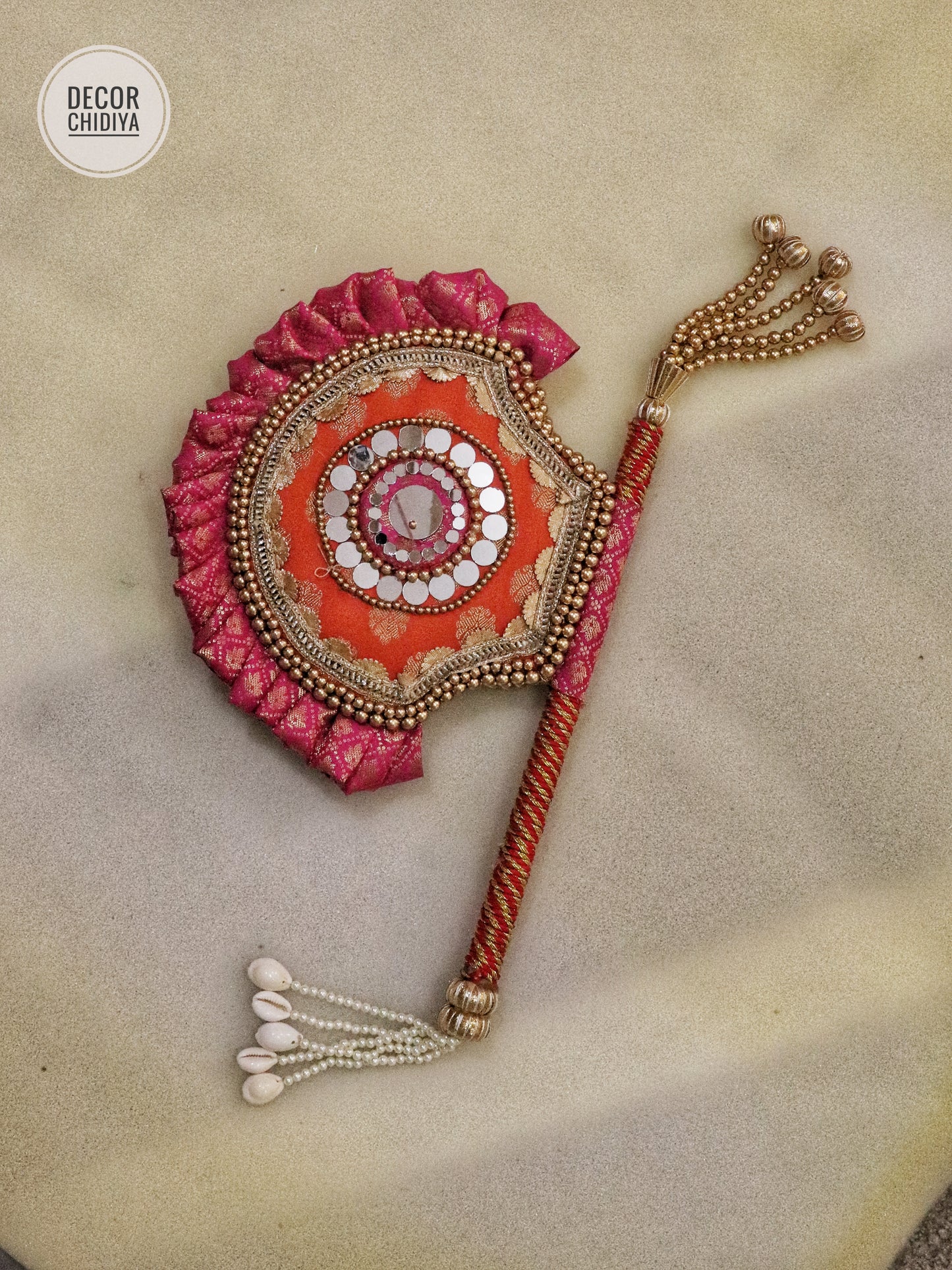 Orange and Pink - Beejana or handfan in Banarasi fabric and mirrorwork detail