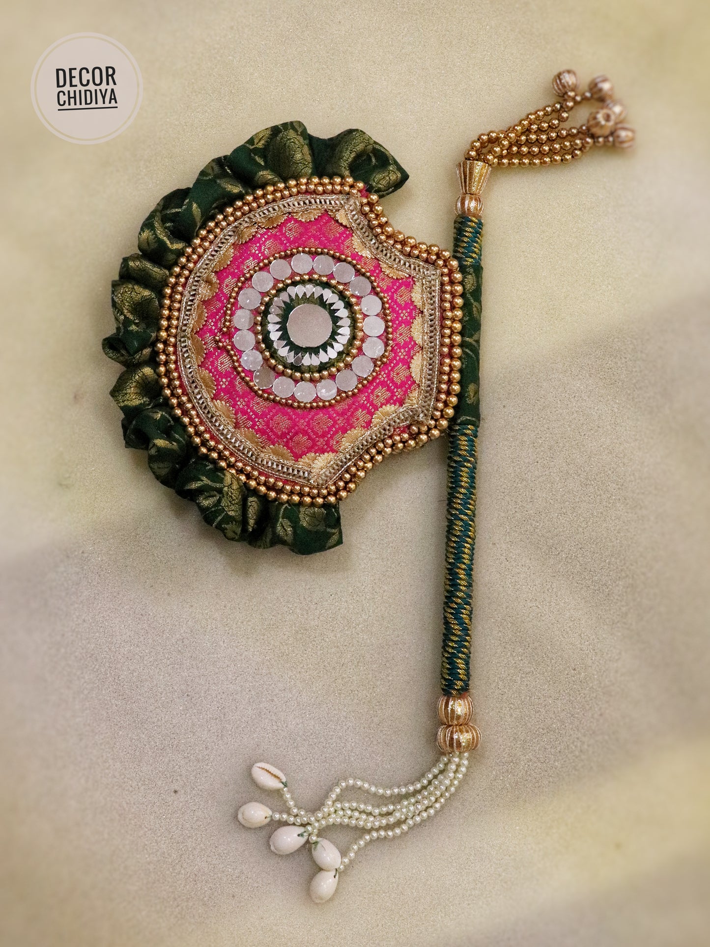 Green and Pink - Beejana or handfan in Banarasi fabric and mirrorwork detail