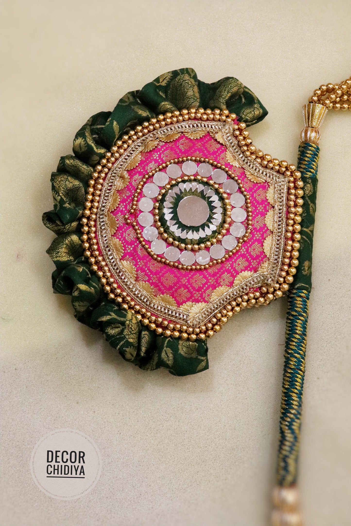 Green and Pink - Beejana or handfan in Banarasi fabric and mirrorwork detail