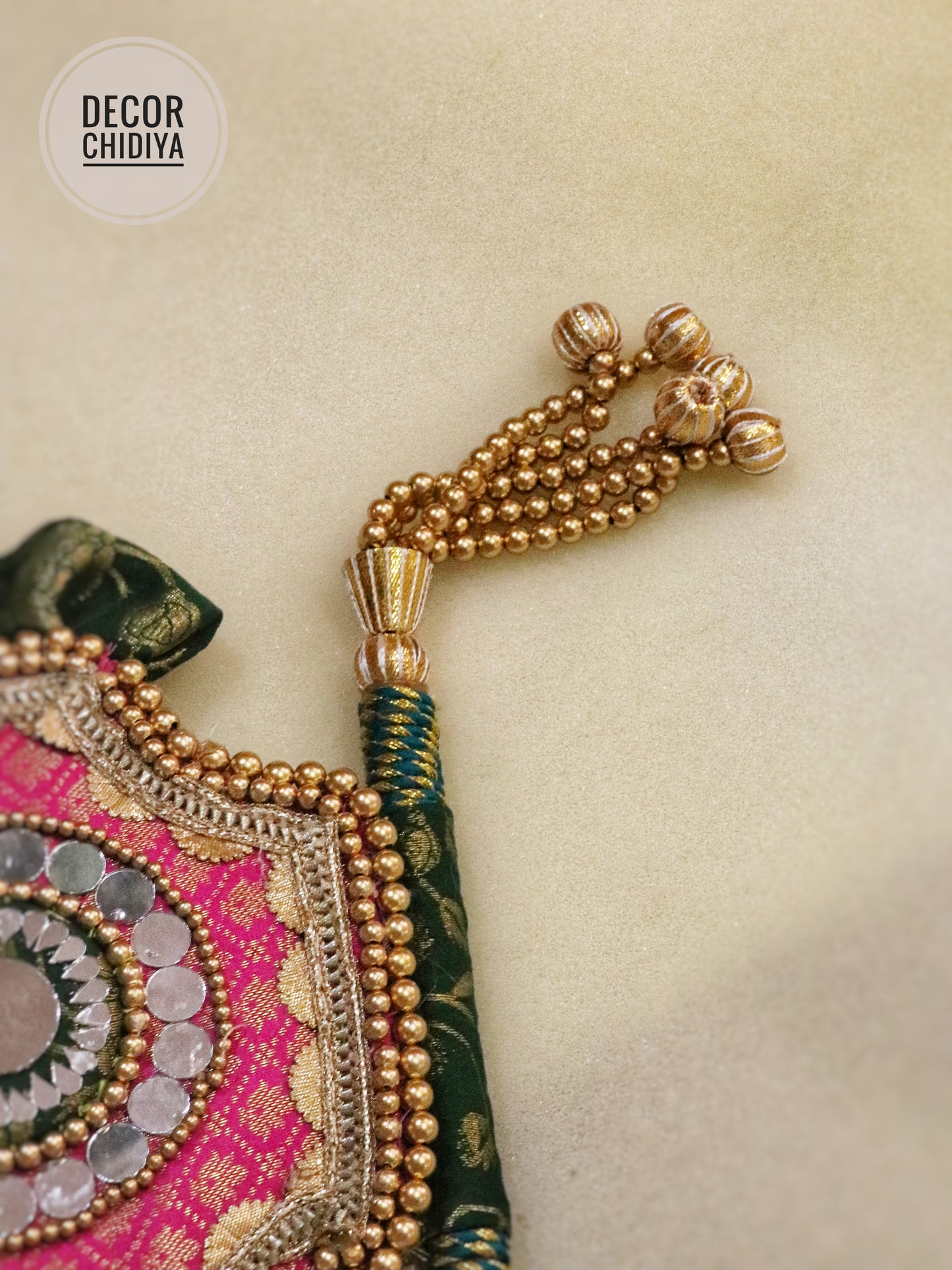 Green and pink - Beejana or handfan in Banarasi fabric and mirrorwork detail