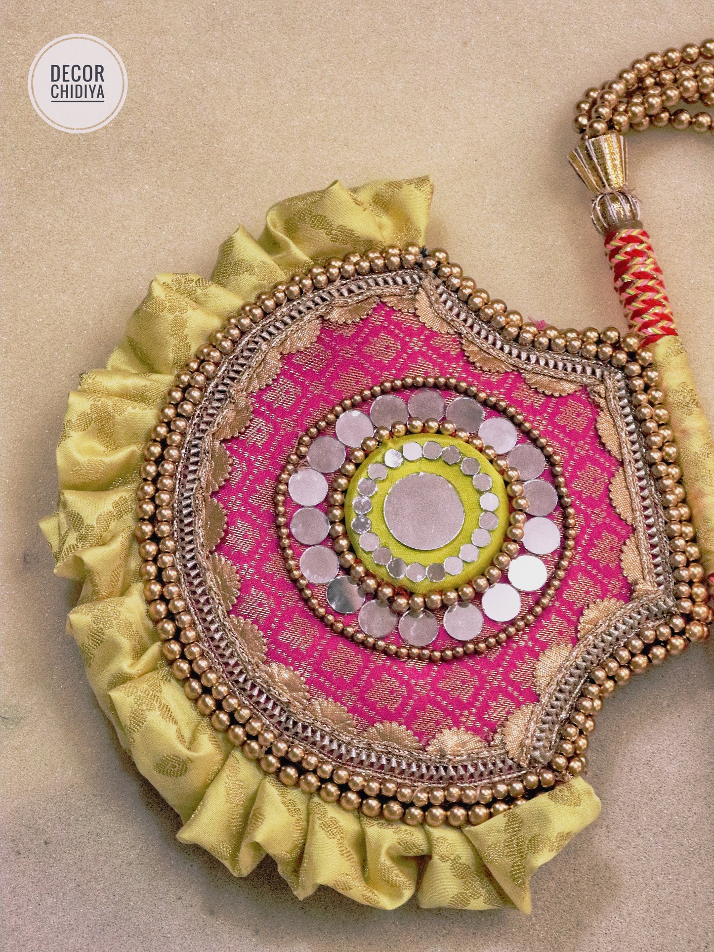 Yellow pink - Beejana or handfan in Banarasi fabric and mirrorwork detail