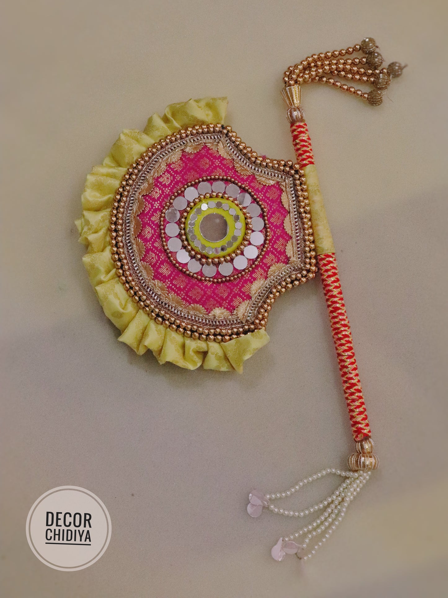 Yellow pink - Beejana or handfan in Banarasi fabric and mirrorwork detail