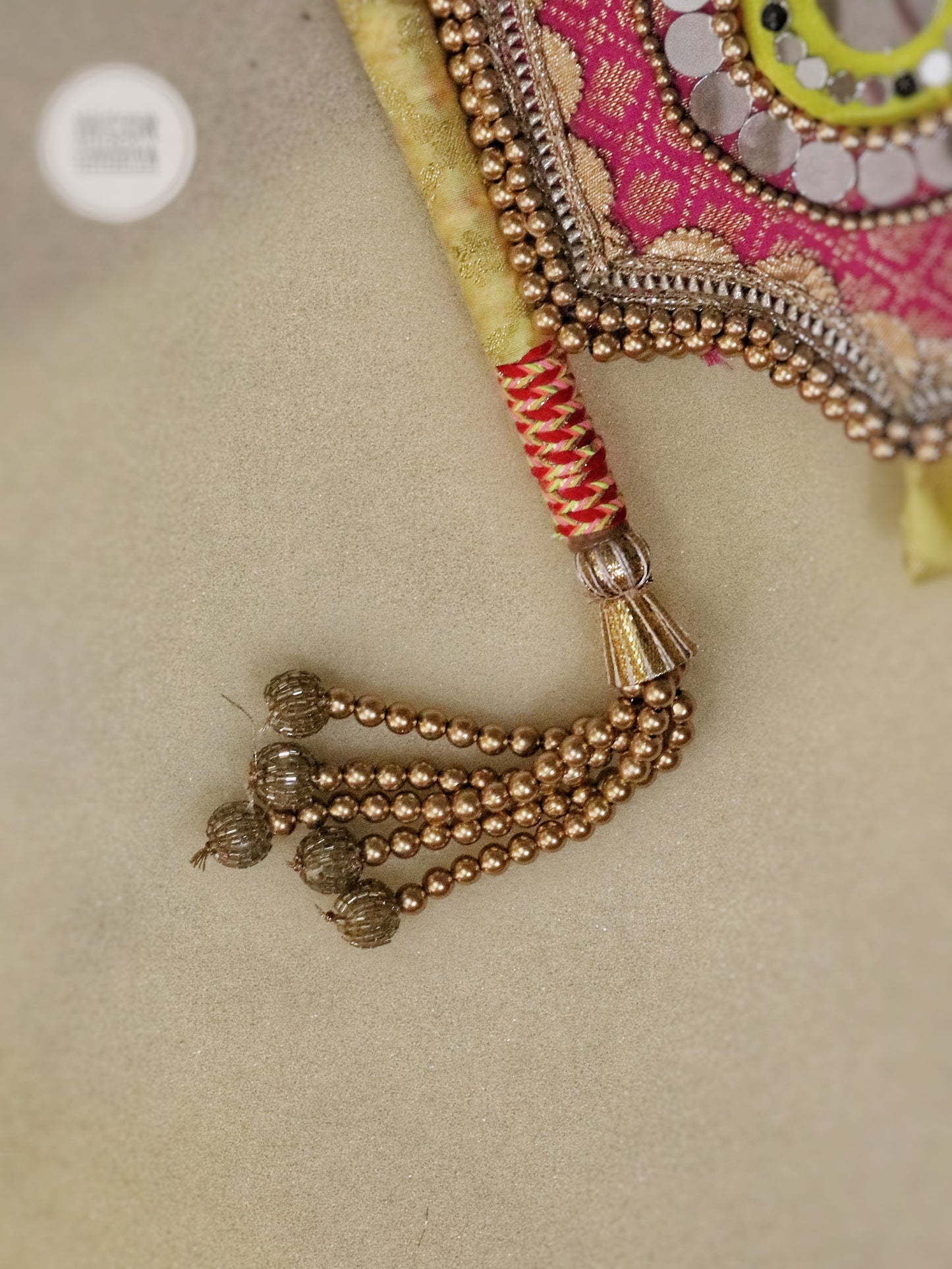 Yellow pink - Beejana or handfan in Banarasi fabric and mirrorwork detail