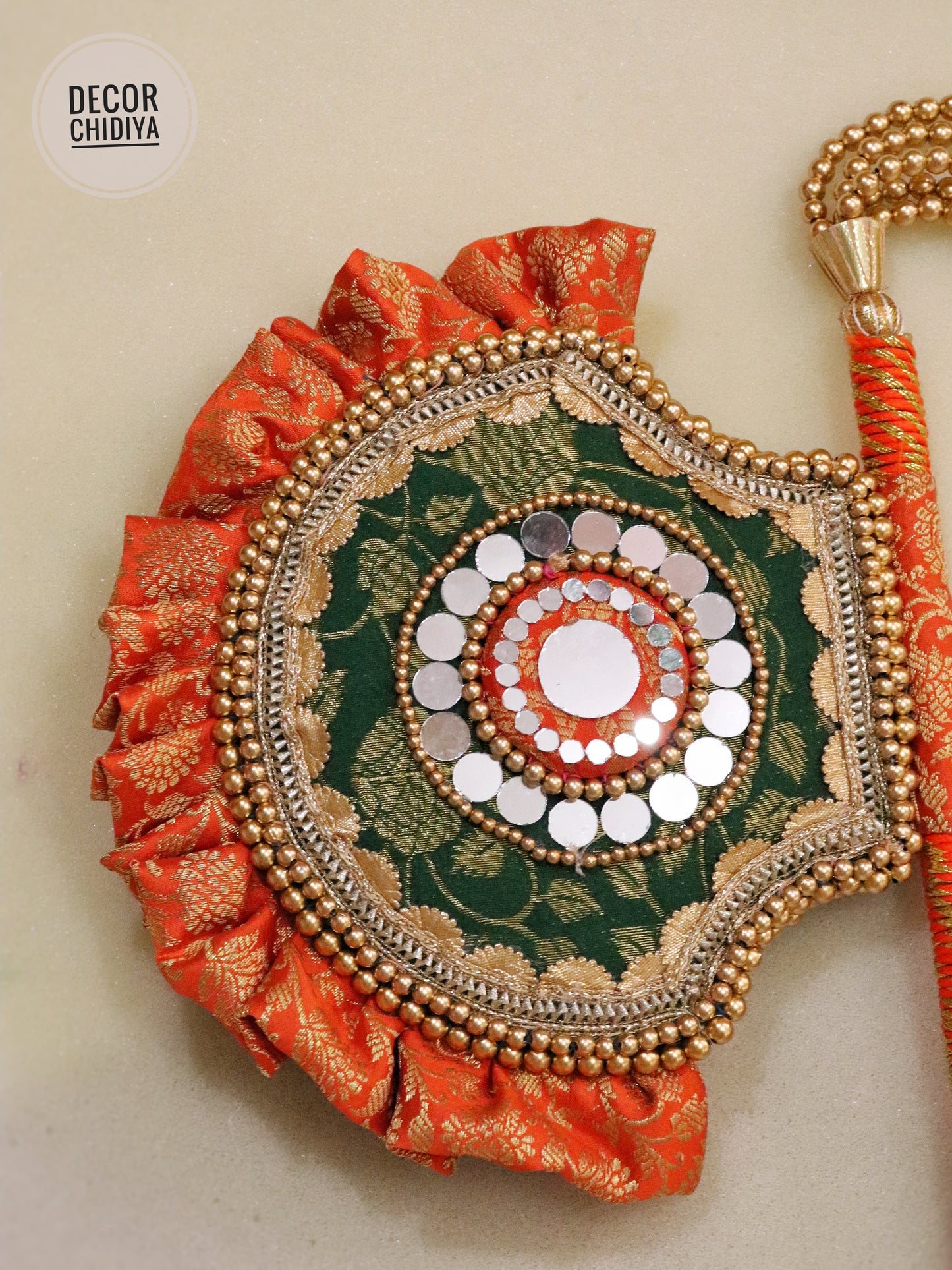 Orange and Green - Beejana or handfan in Banarasi fabric and mirrorwork detail