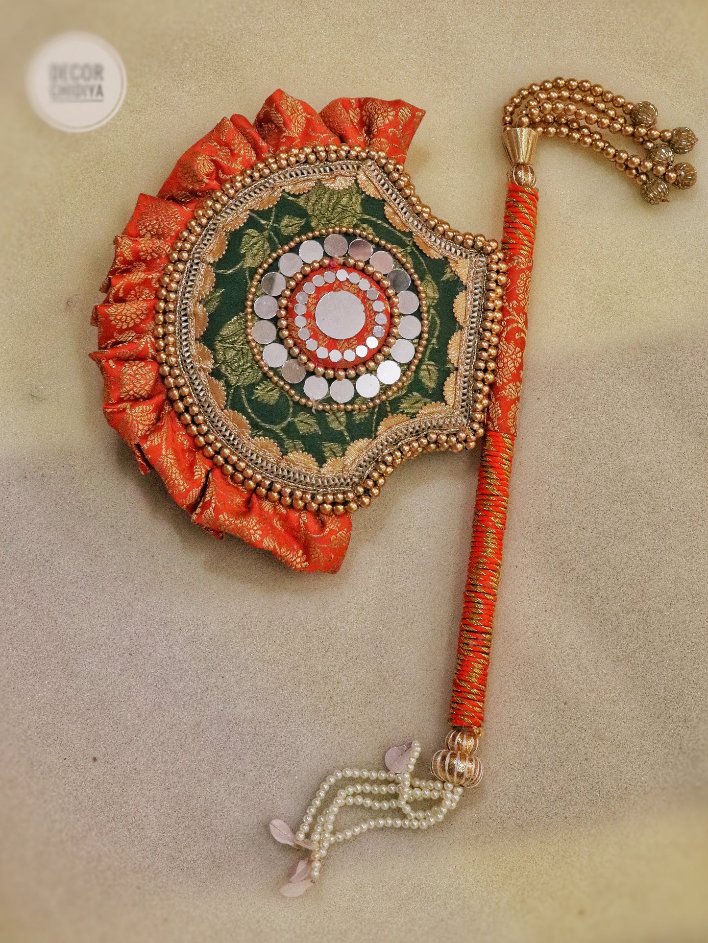 Orange and Green - Beejana or handfan in Banarasi fabric and mirrorwork detail