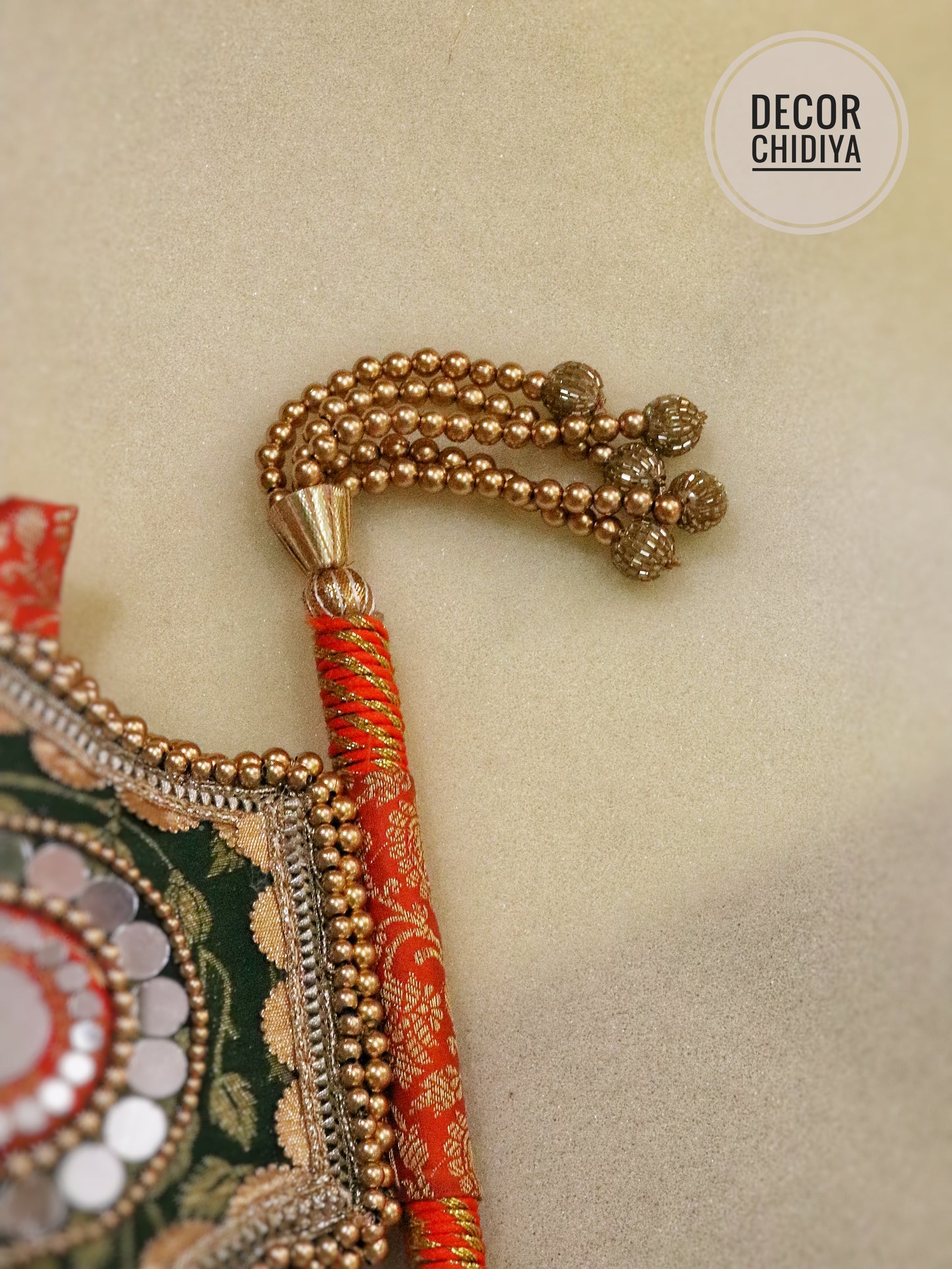 Orange and Green - Beejana or handfan in Banarasi fabric and mirrorwork detail