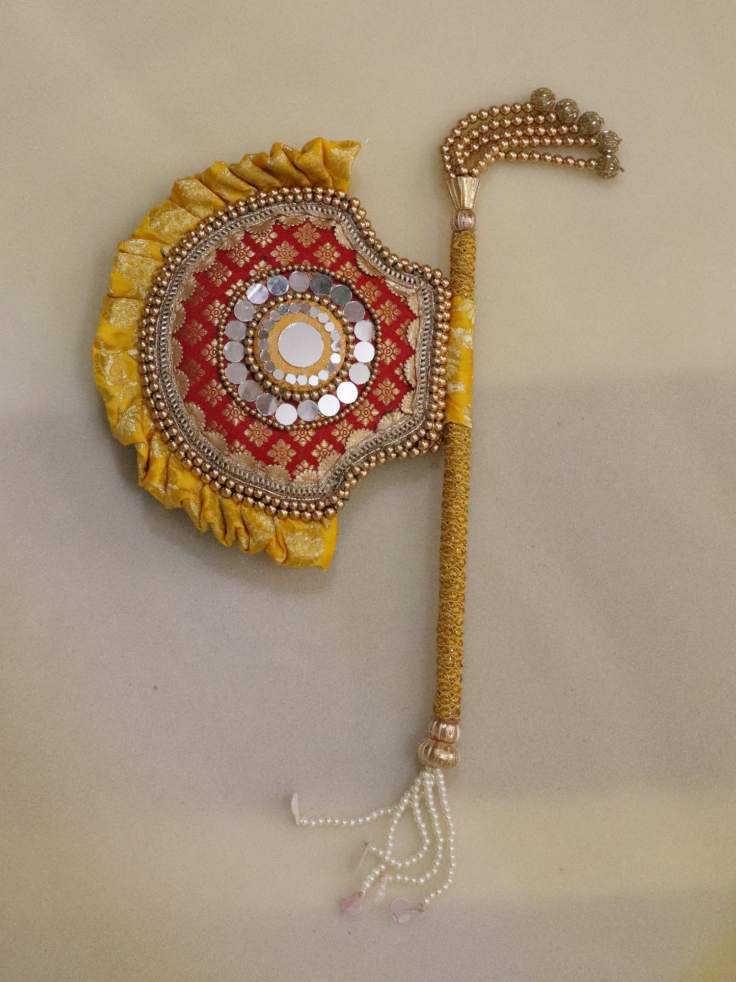yellow and RED - Beejana or handfan in Banarasi fabric and mirrorwork detail