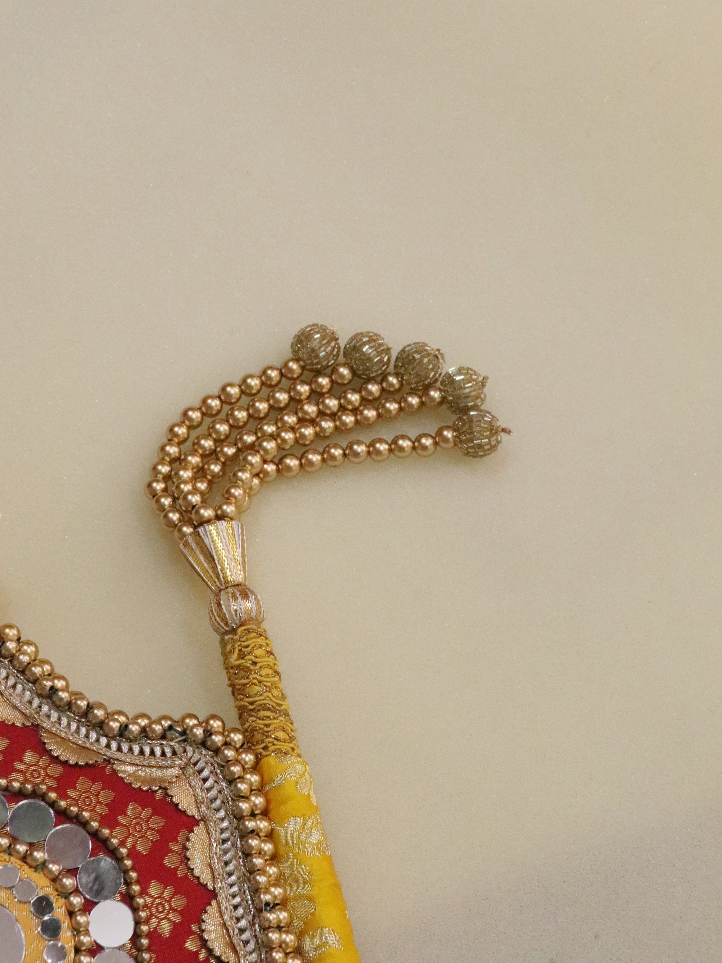 yellow and RED - Beejana or handfan in Banarasi fabric and mirrorwork detail