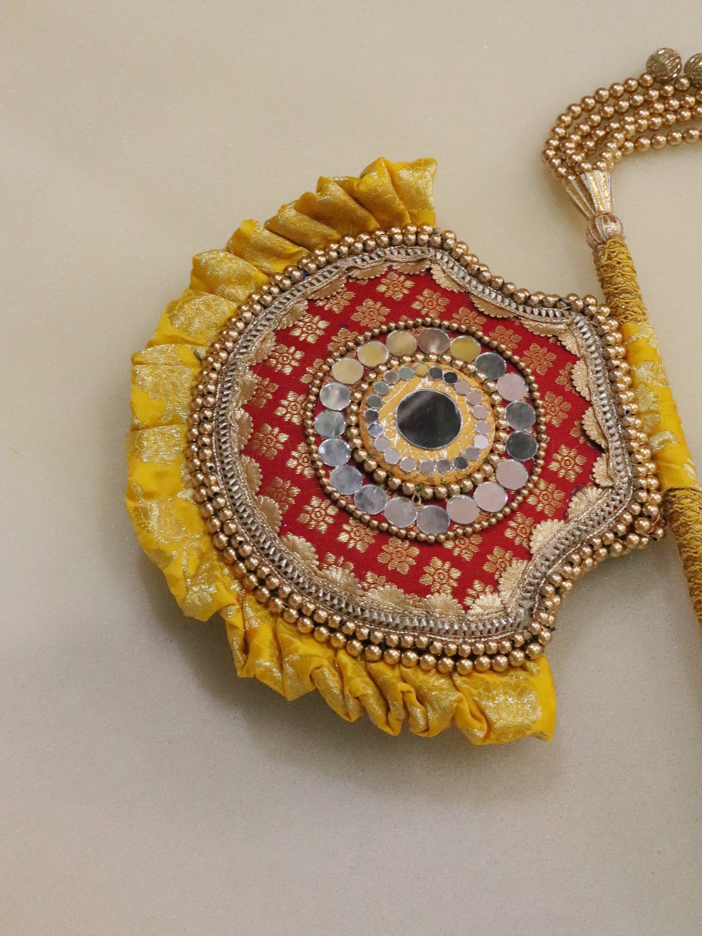 Yellow pink - Beejana or handfan in Banarasi fabric and mirrorwork detail