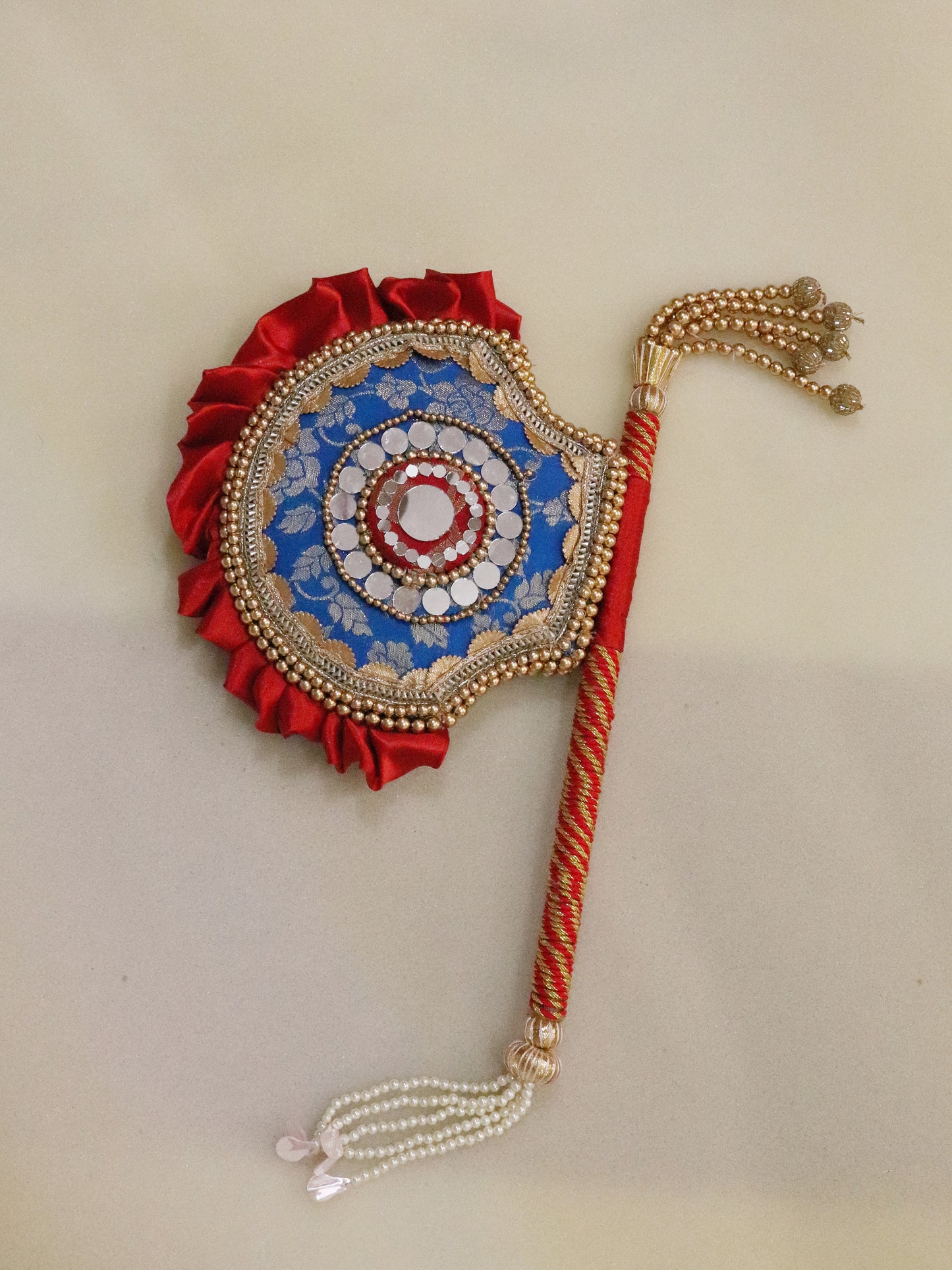 Teal and red - Beejana or handfan in Banarasi fabric and mirrorwork detail