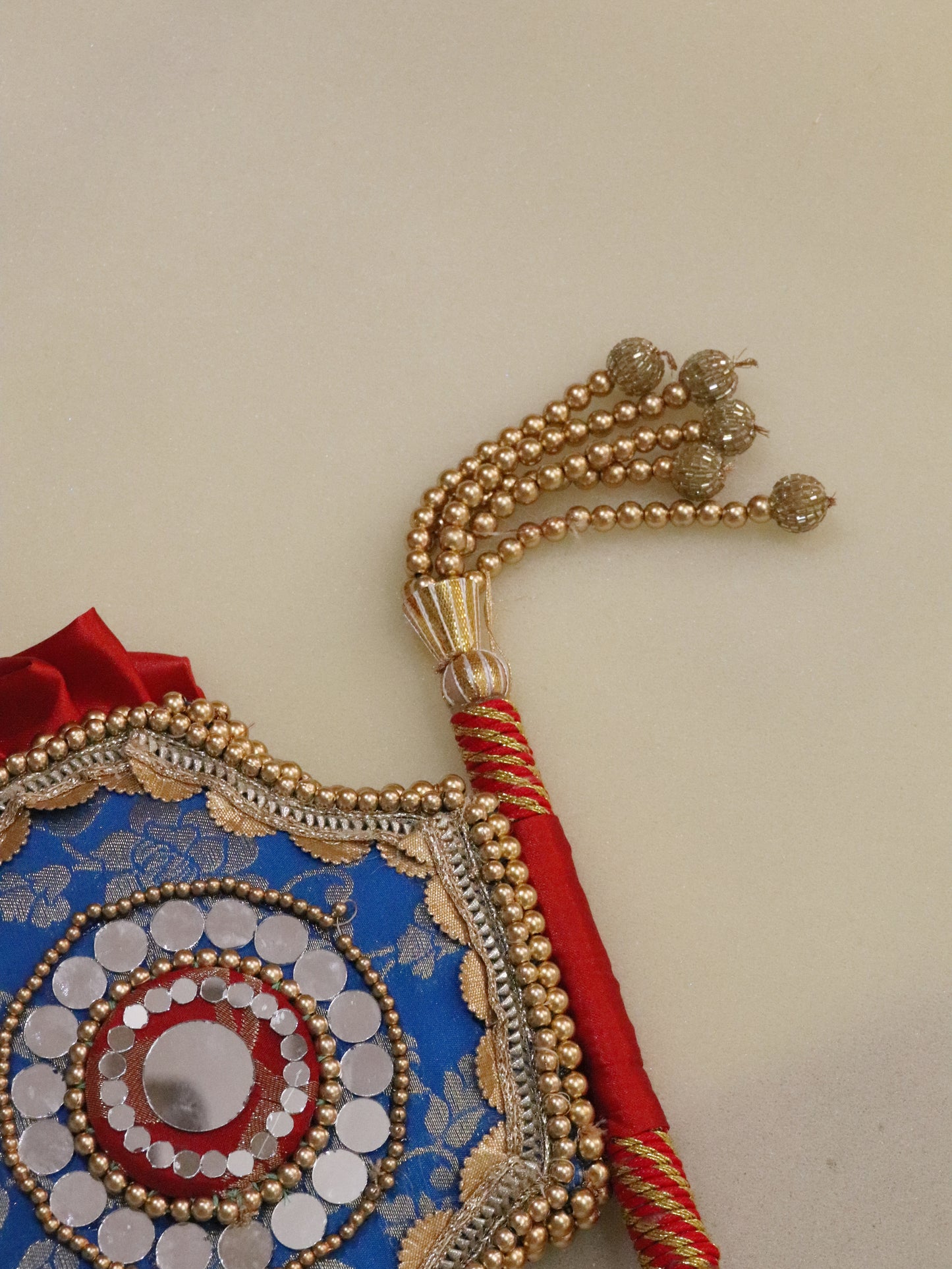 Yellow pink - Beejana or handfan in Banarasi fabric and mirrorwork detail