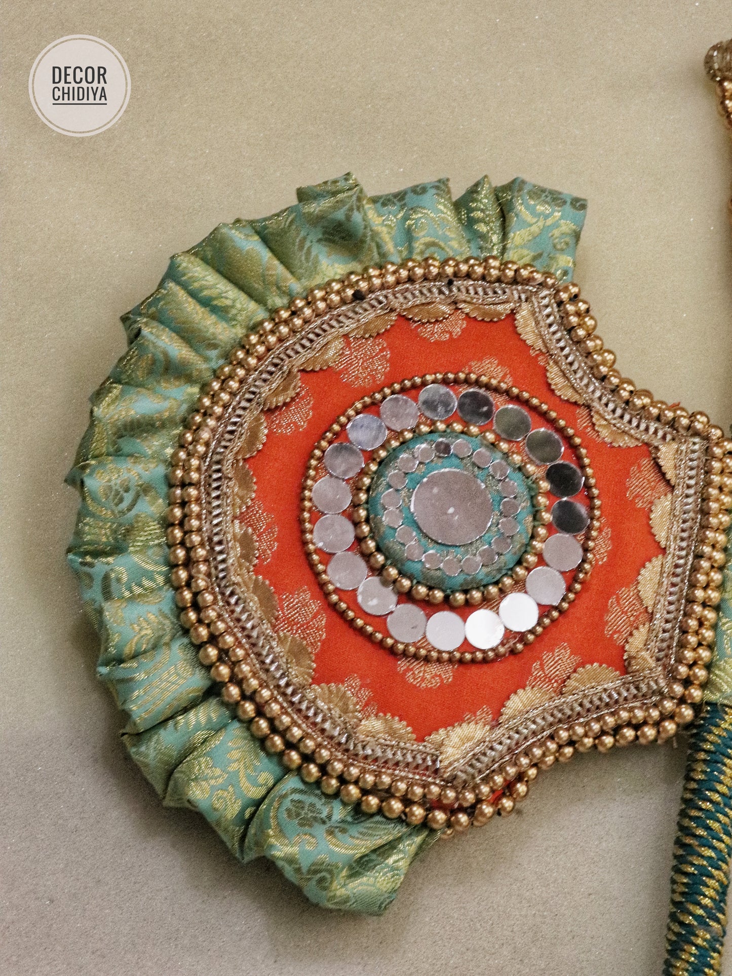 Yellow pink - Beejana or handfan in Banarasi fabric and mirrorwork detail