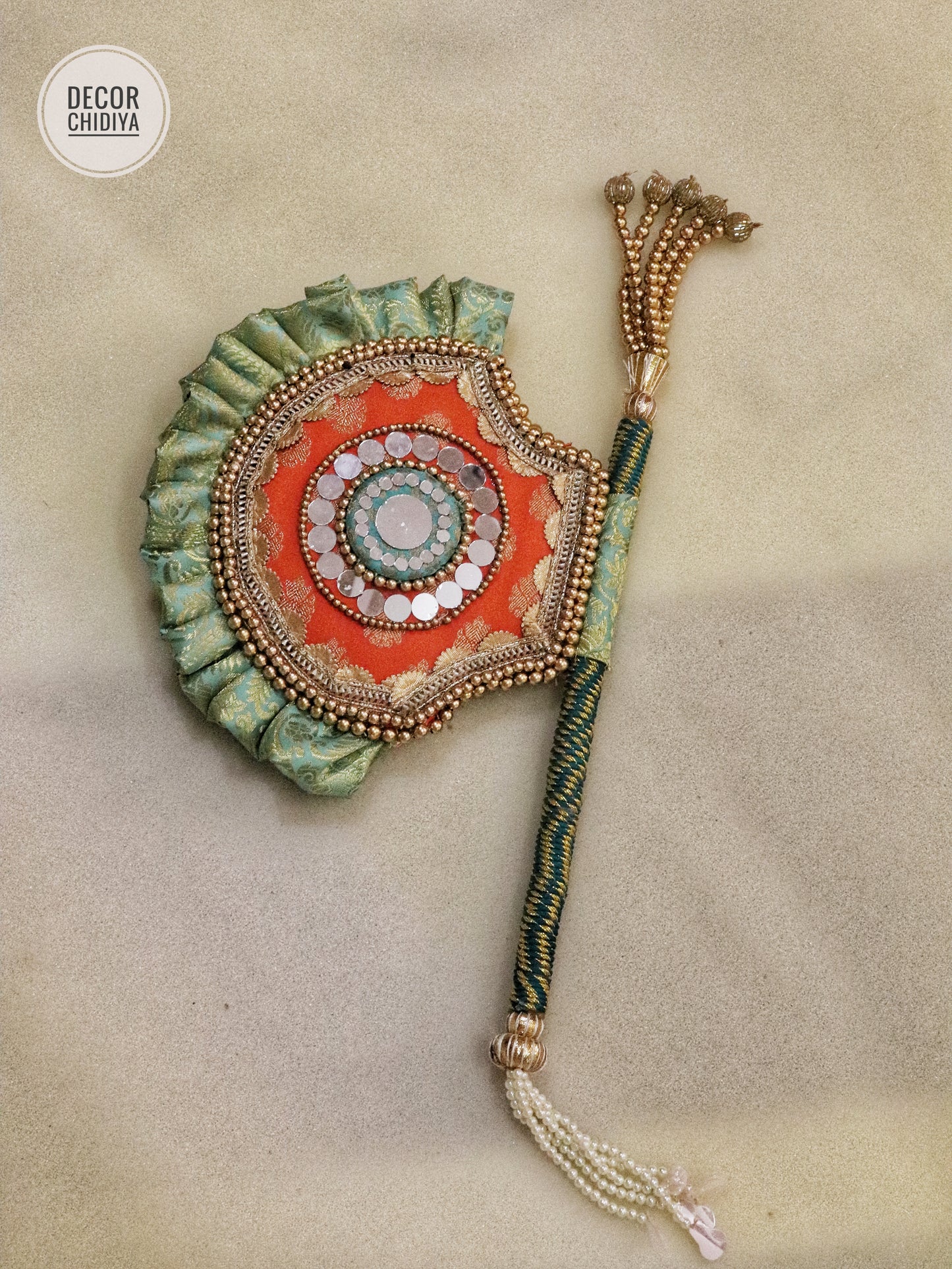 Yellow pink - Beejana or handfan in Banarasi fabric and mirrorwork detail