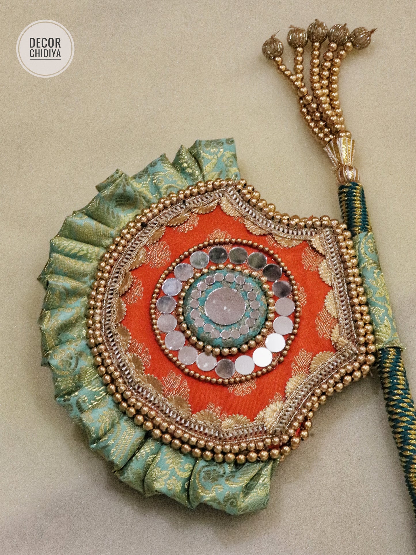 Yellow pink - Beejana or handfan in Banarasi fabric and mirrorwork detail