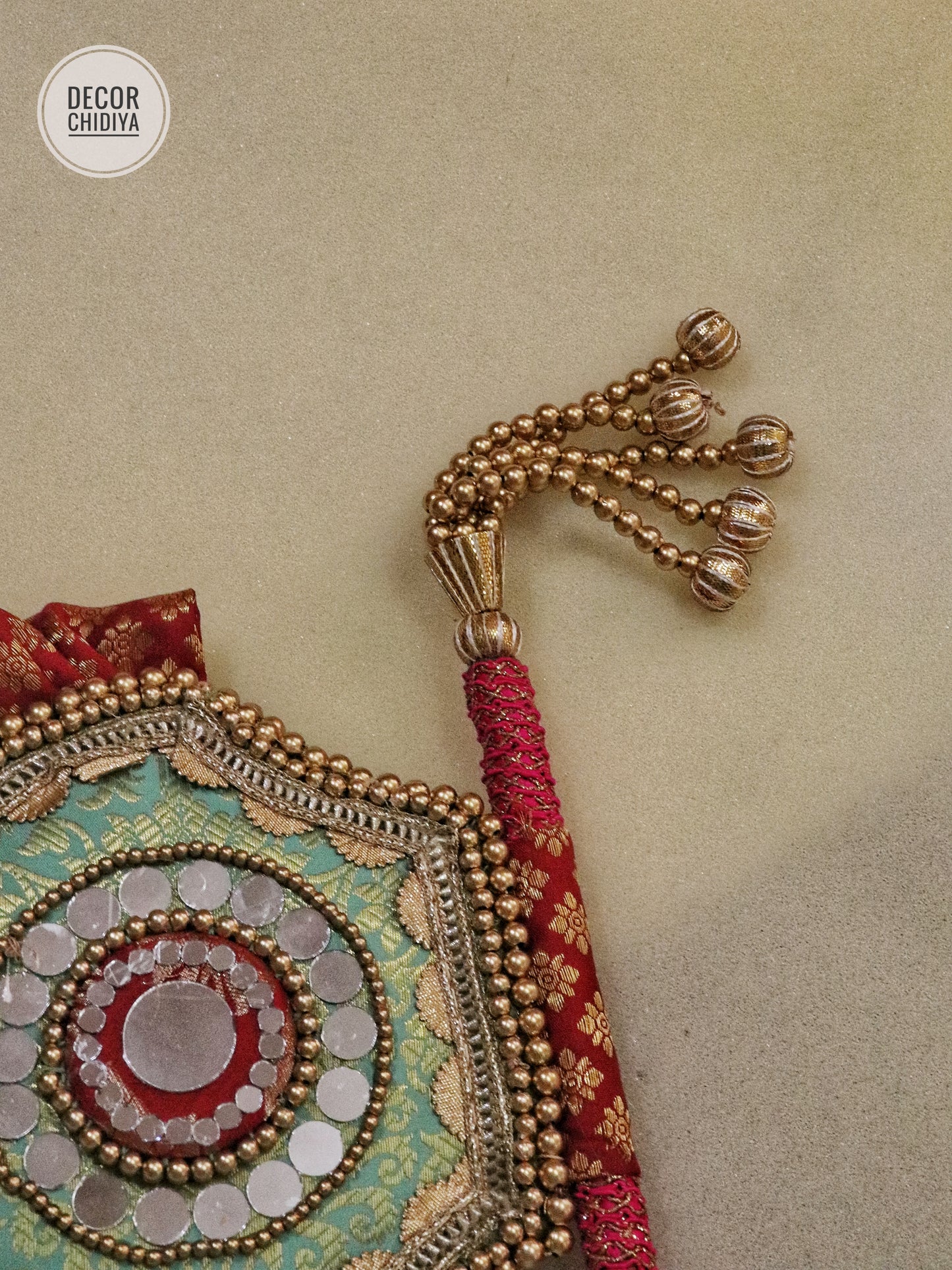 Yellow pink - Beejana or handfan in Banarasi fabric and mirrorwork detail