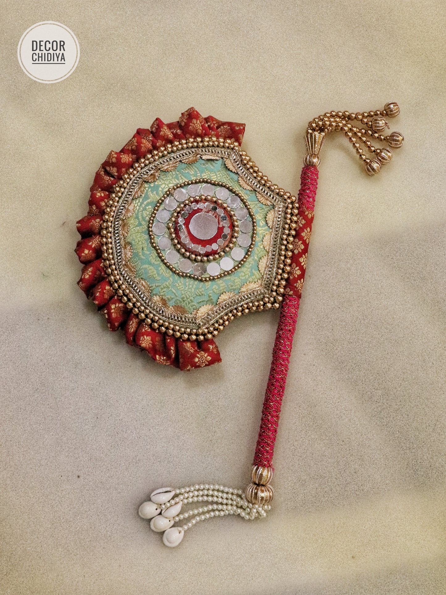 Yellow pink - Beejana or handfan in Banarasi fabric and mirrorwork detail