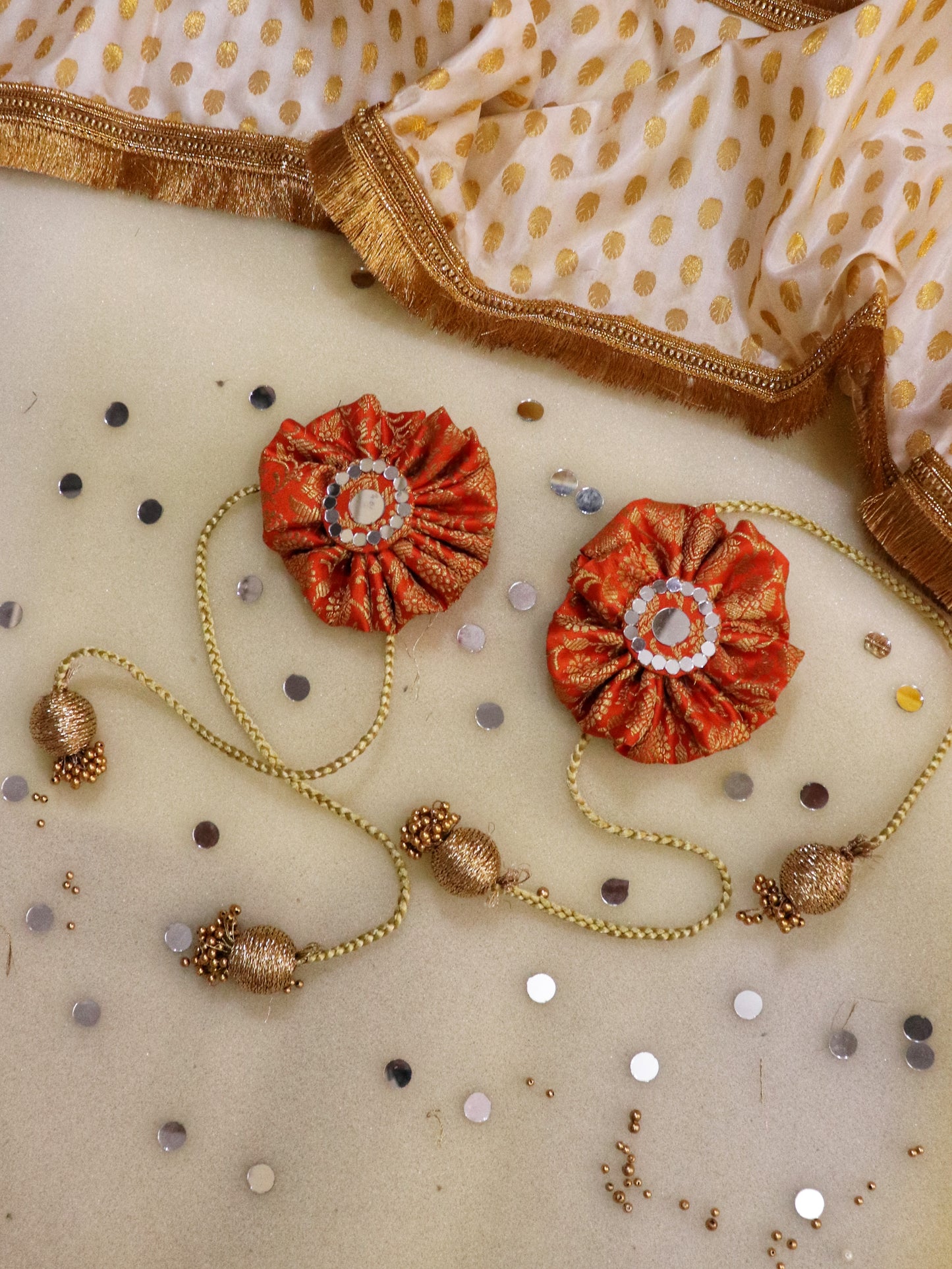 Curtain tie - Sunset splendor : Mirror Work Banarasi Fabric in orange color