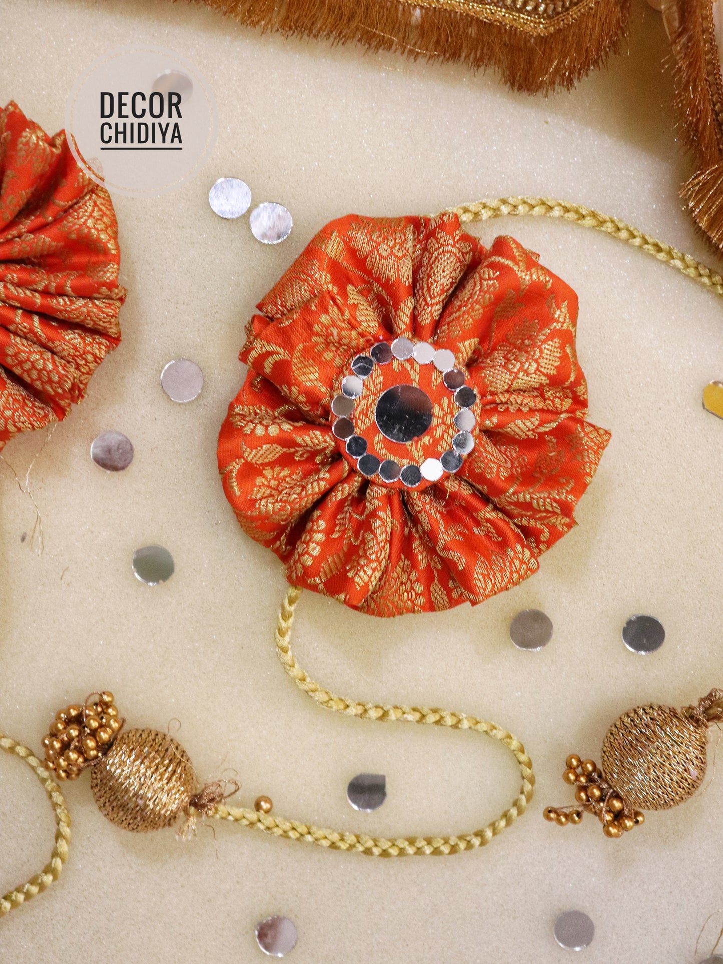 Curtain tie - Sunset splendor : Mirror Work Banarasi Fabric in orange color