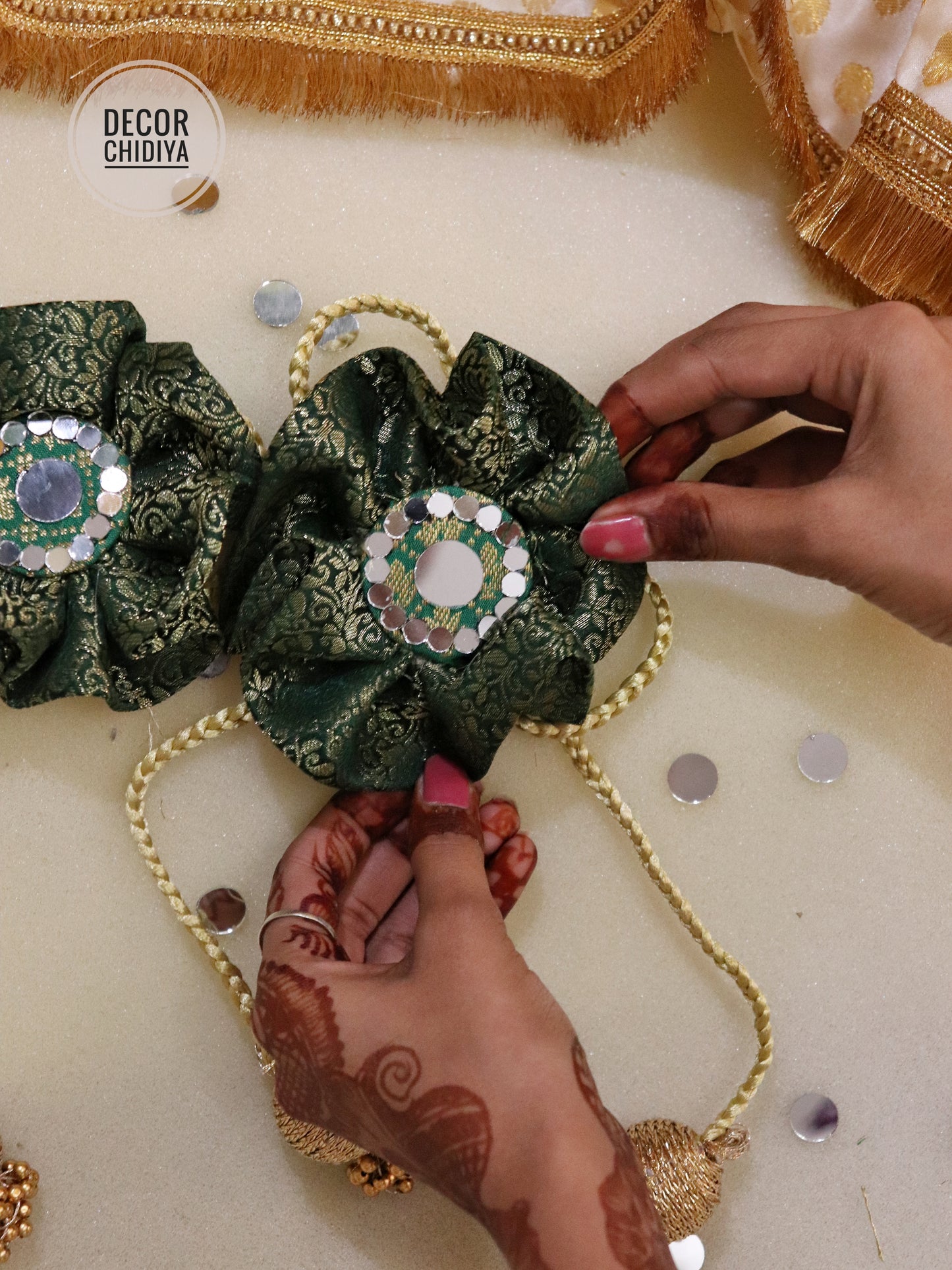 Curtain tie - Emerald Echo : Mirror Work Banarasi Fabric in Emerald green color