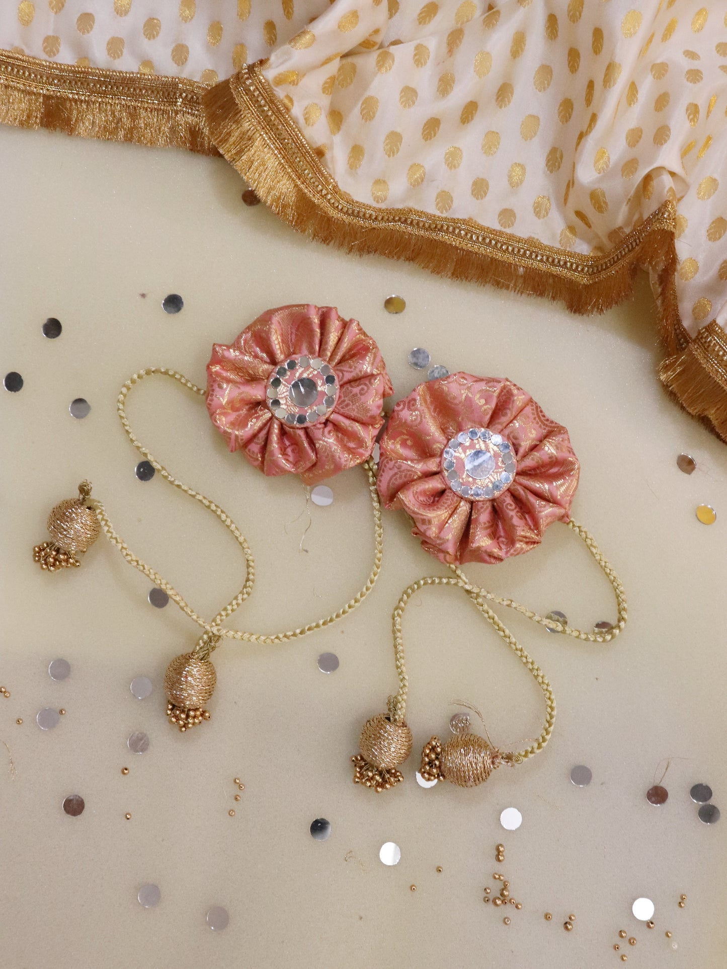 Curtain tie - Whispering Petals : Mirror Work Banarasi Fabric in Light Pink color
