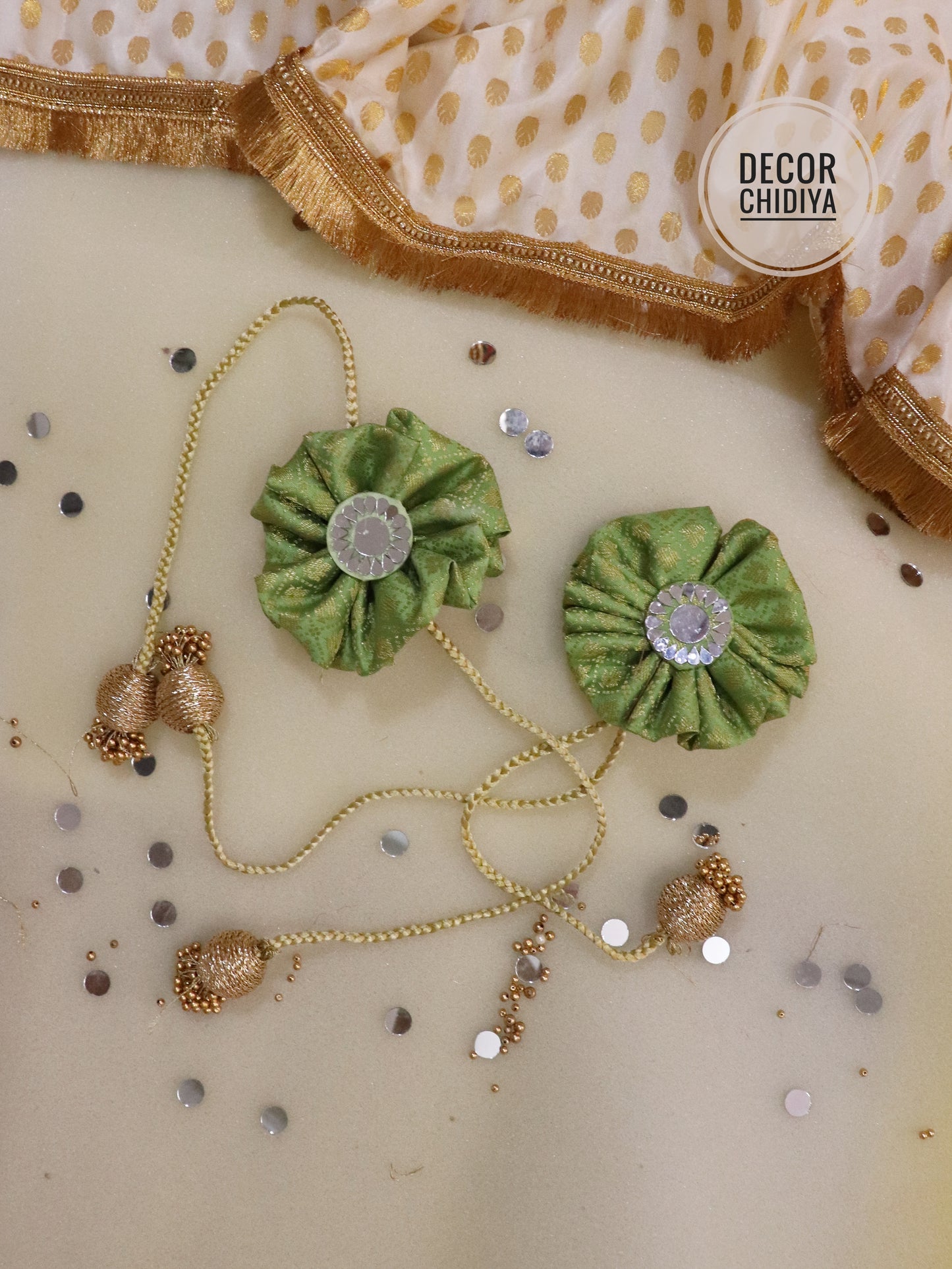 Curtain tie - Pistachio green : Mirror Work Banarasi Fabric in light green color
