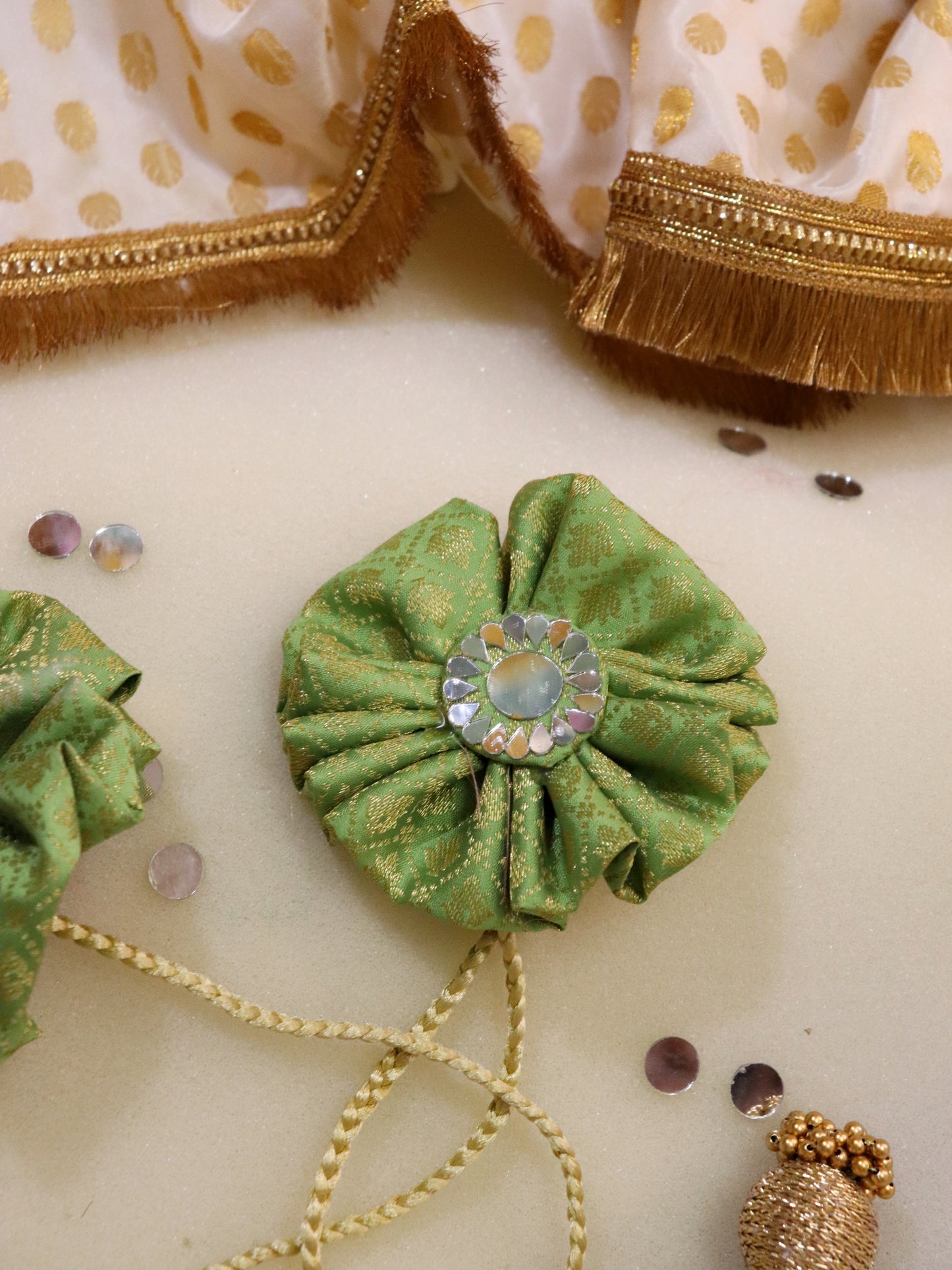 Curtain tie - Pistachio green : Mirror Work Banarasi Fabric in light green color