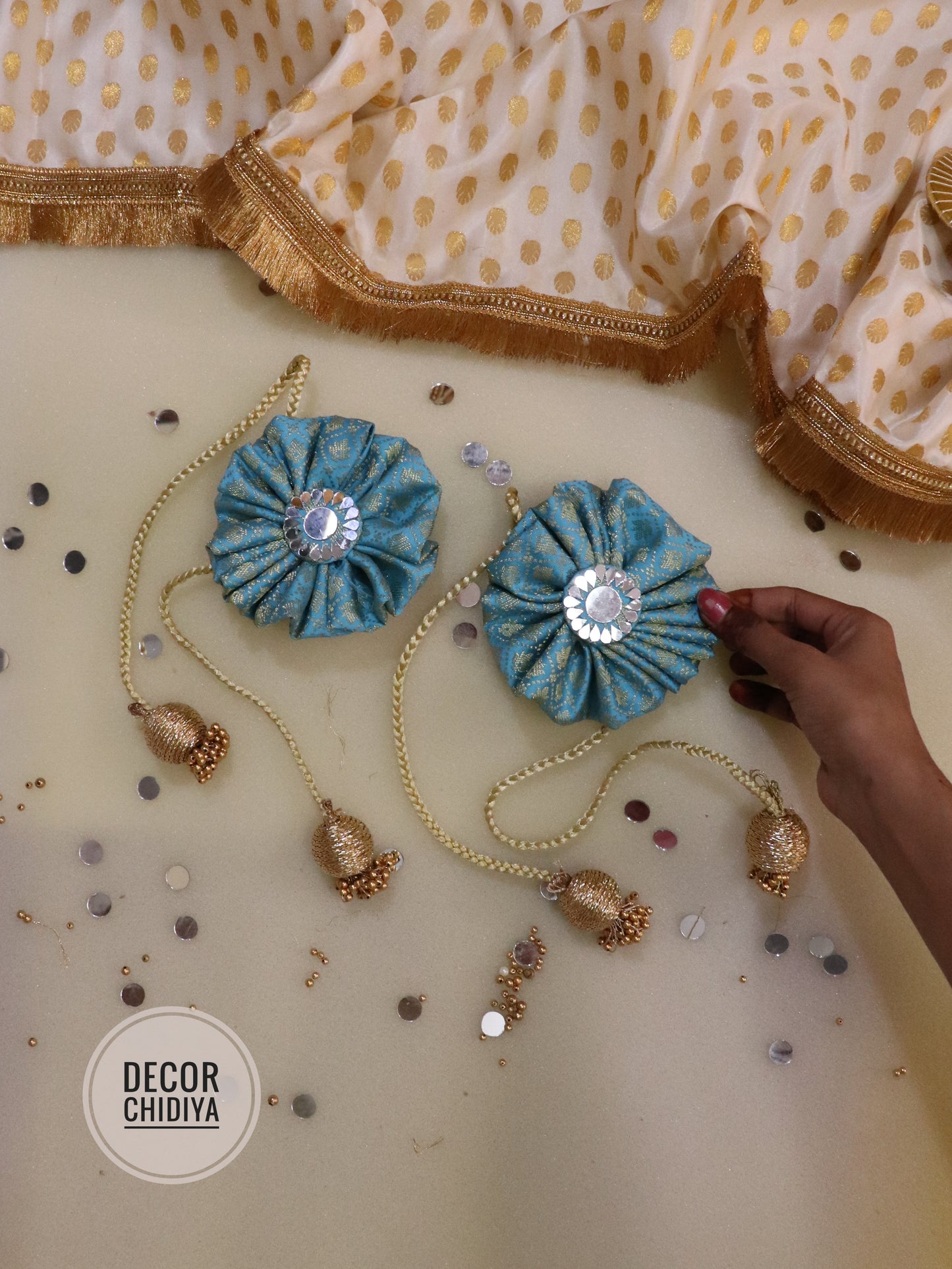 Curtain tie - Whispering Sky : Mirror Work Banarasi Fabric in sky blue color