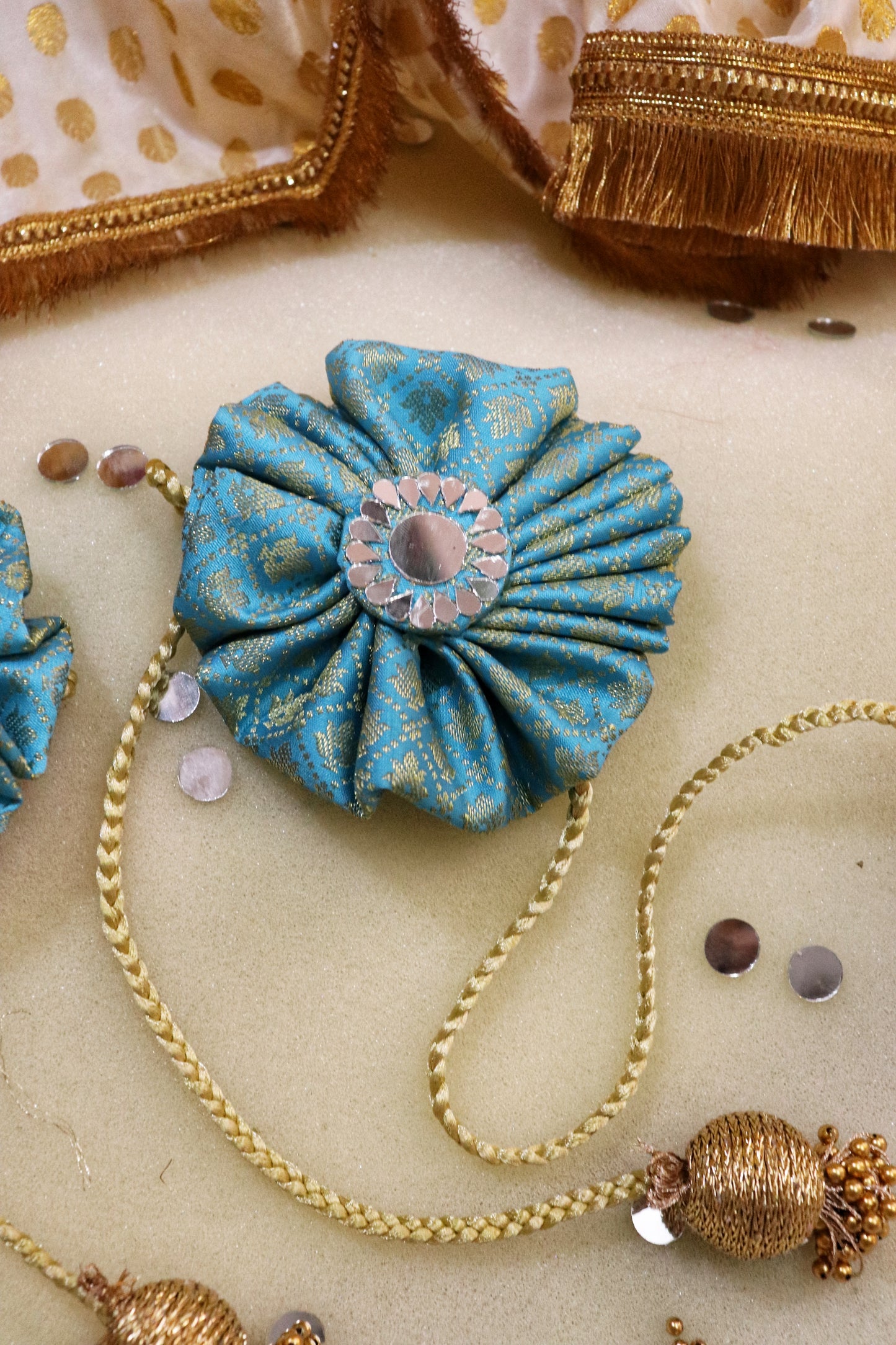 Curtain tie - Whispering Sky : Mirror Work Banarasi Fabric in sky blue color