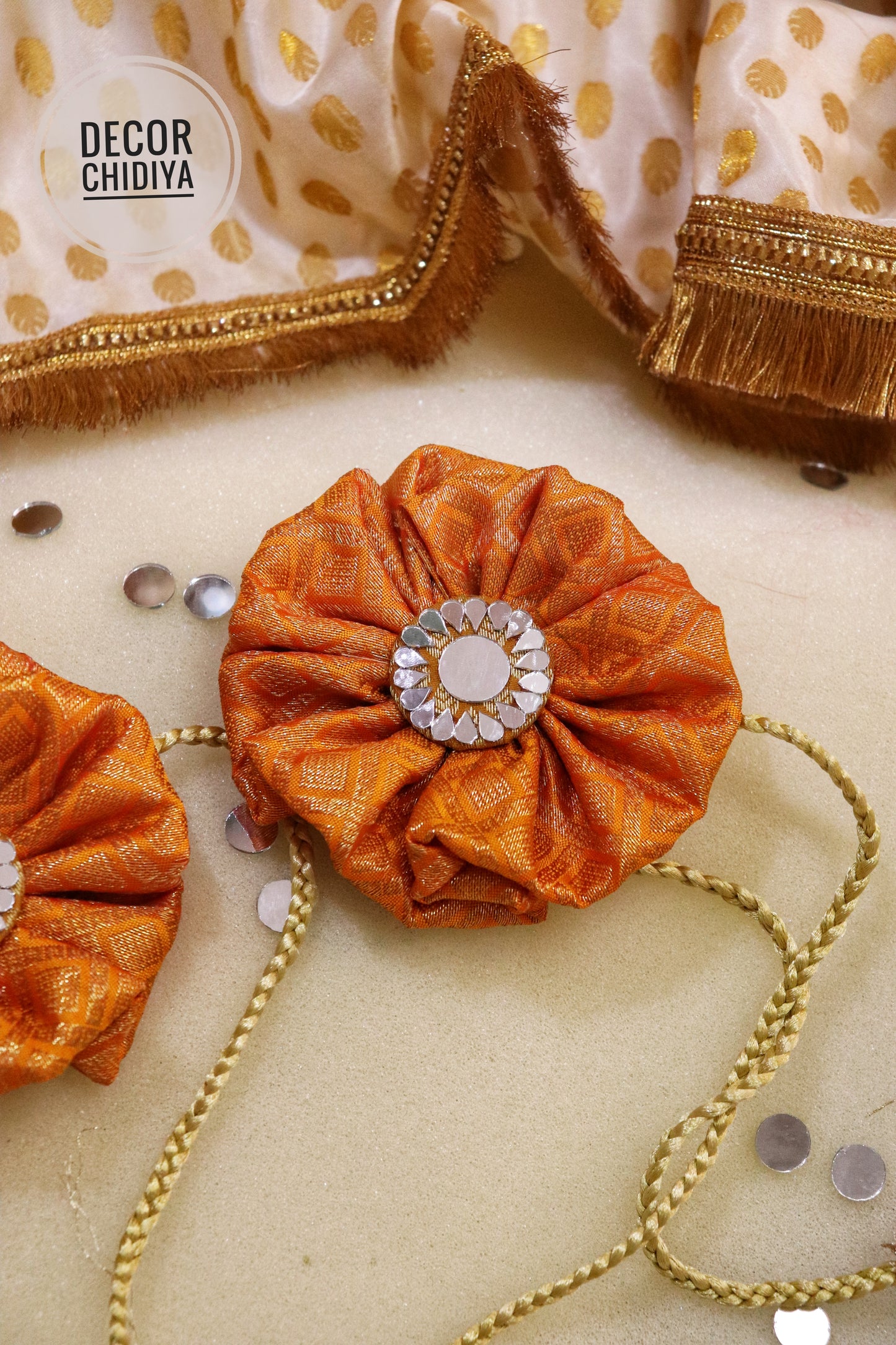 Curtain tie - Golden Reflections : Mirror Work Banarasi Fabric in Golden color