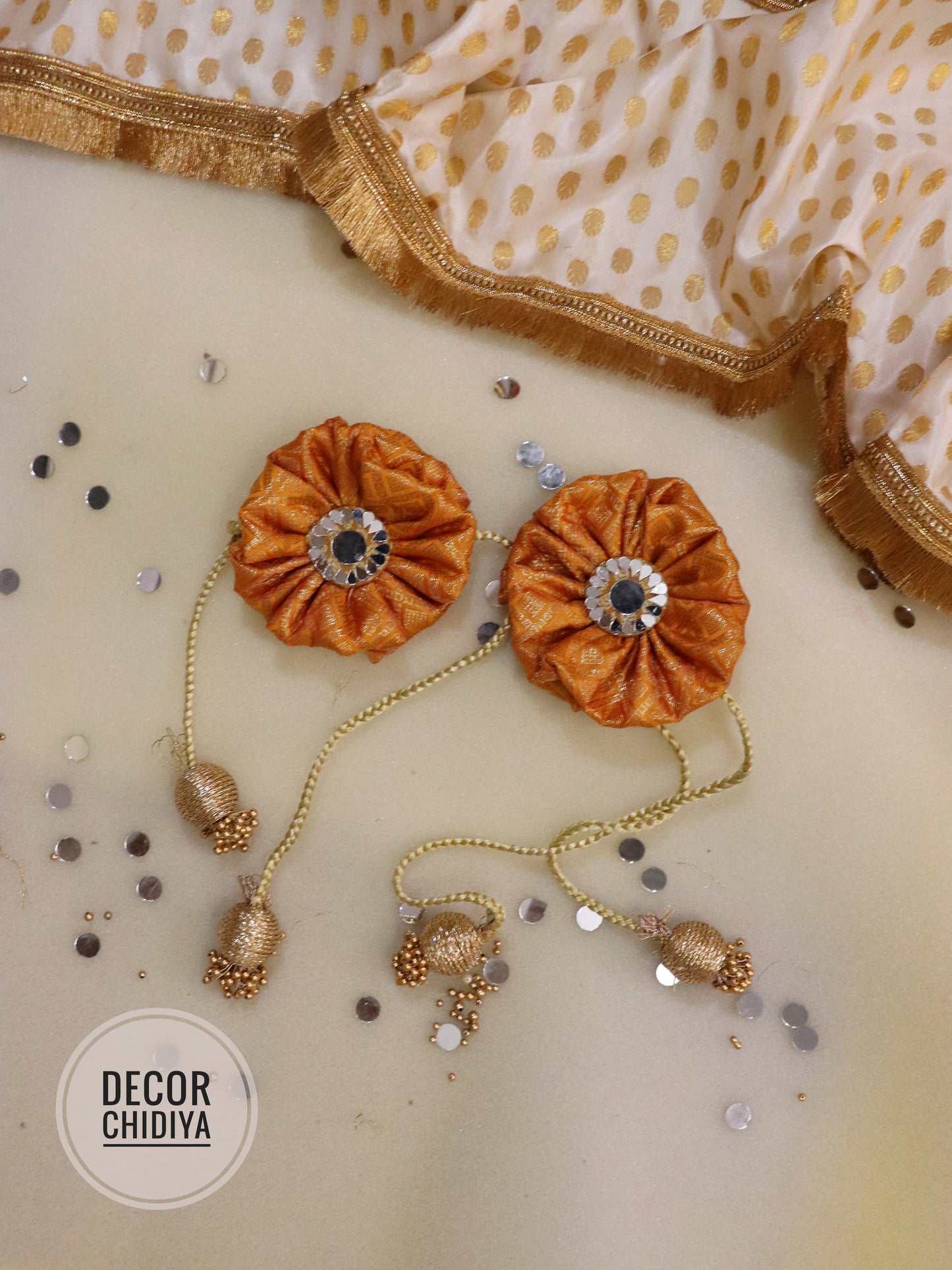 Curtain tie - Golden Reflections : Mirror Work Banarasi Fabric in Golden color