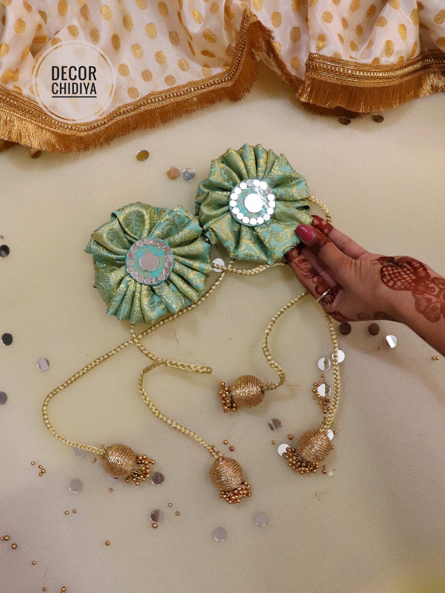 Curtain tie - light kissed sky : Mirror Work Banarasi Fabric in light blue color