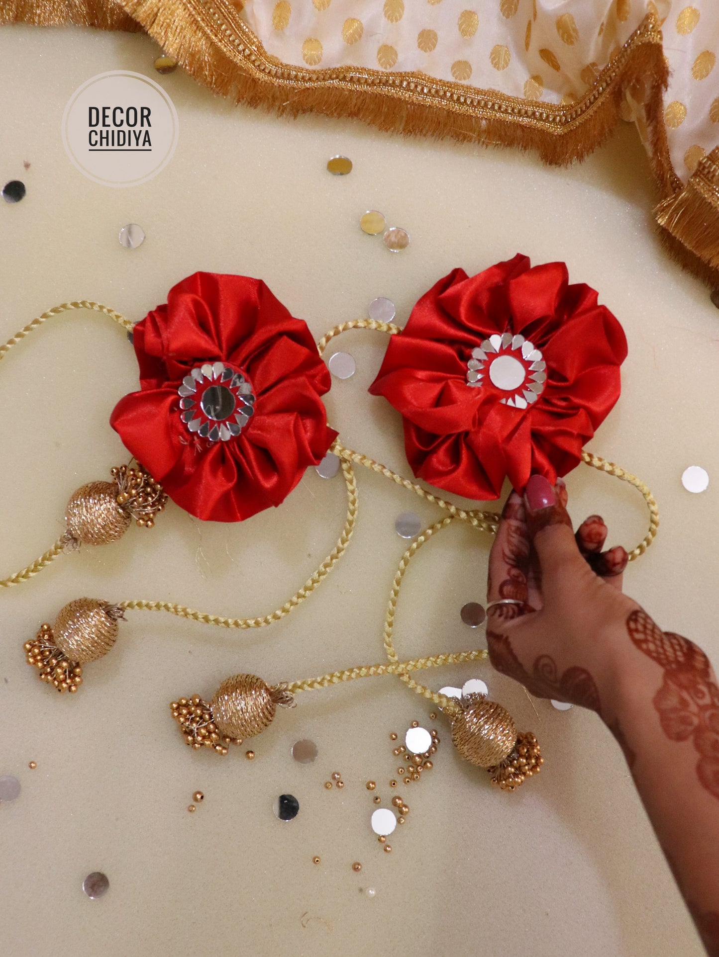 Curtain tie - Scarlet Serenade : Mirror Work Banarasi Fabric in red color
