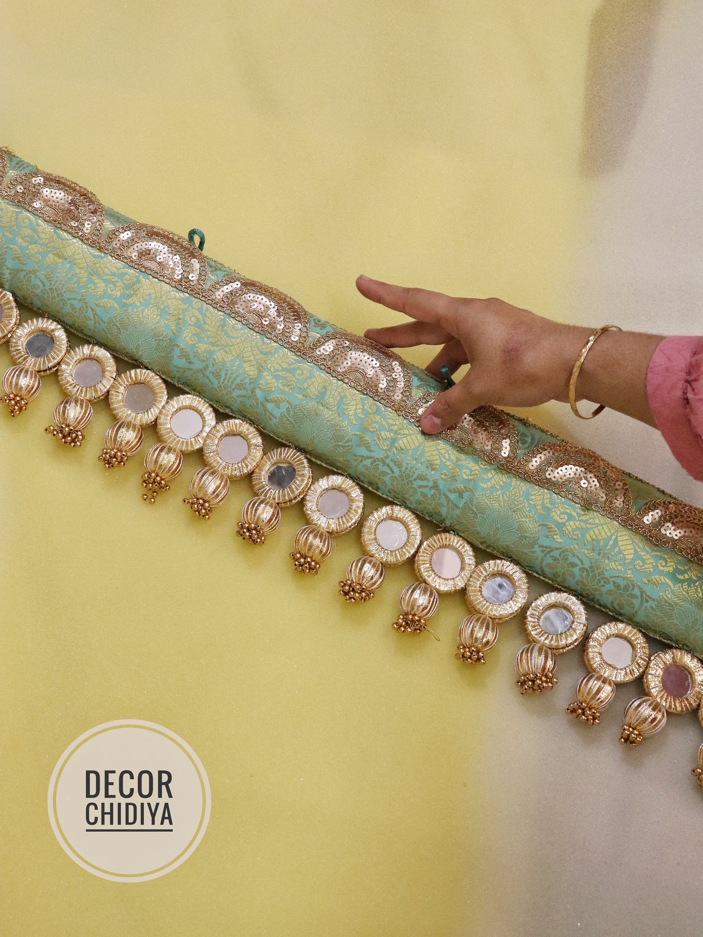 Mirror Straight Toran- Samudri kalash- Seagreen color - small motifs brocade toran