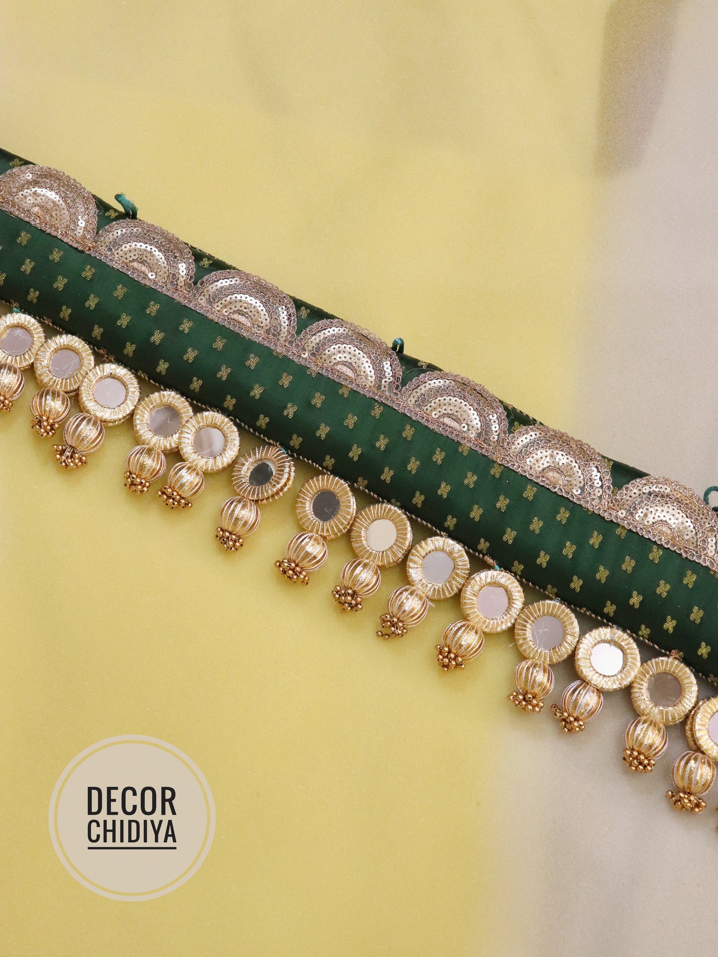 Mirror Straight Toran-Harit kalash kalash-Green color - small motifs brocade toran