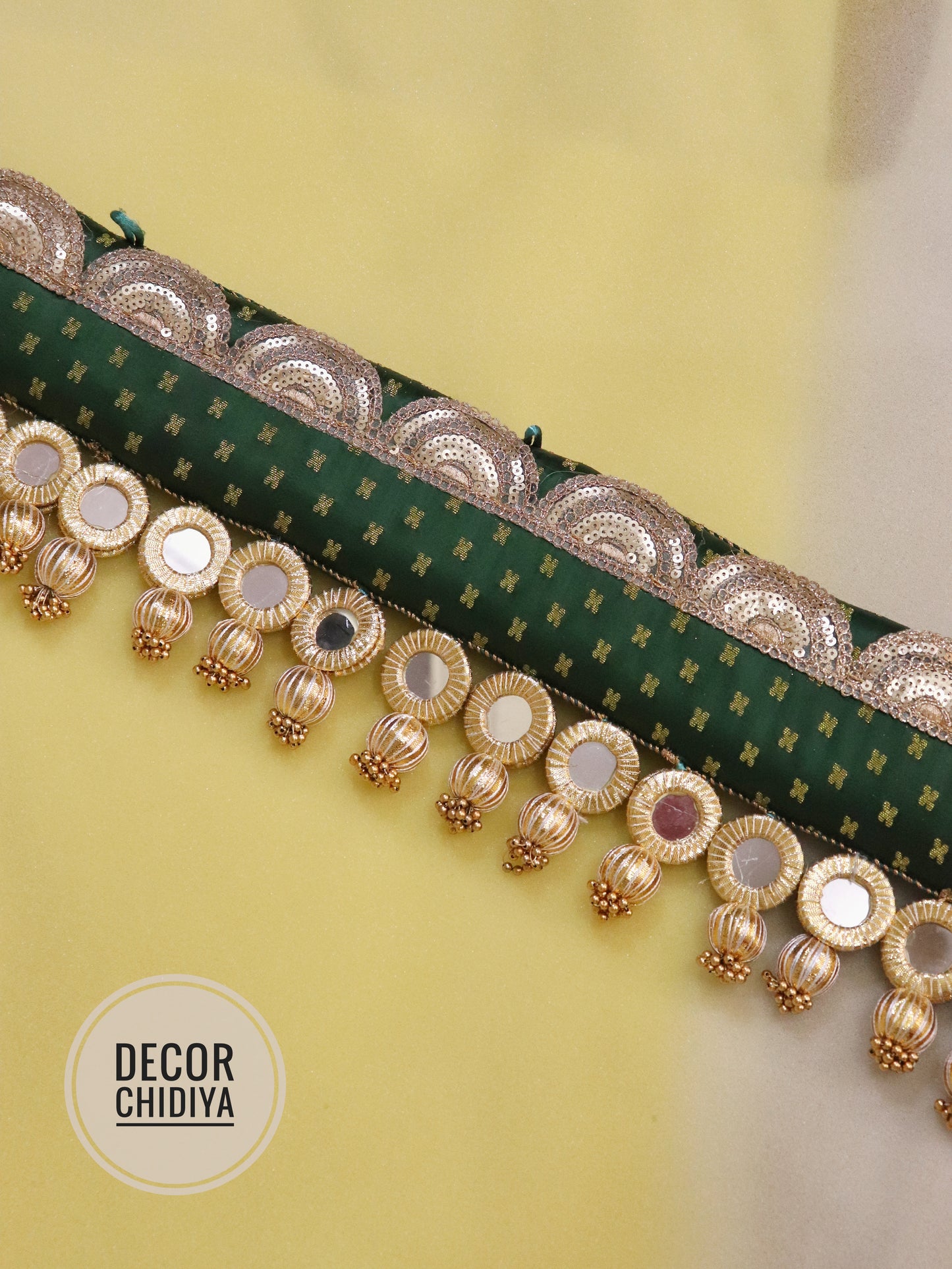 Mirror Straight Toran-Harit kalash kalash-Green color - small motifs brocade toran