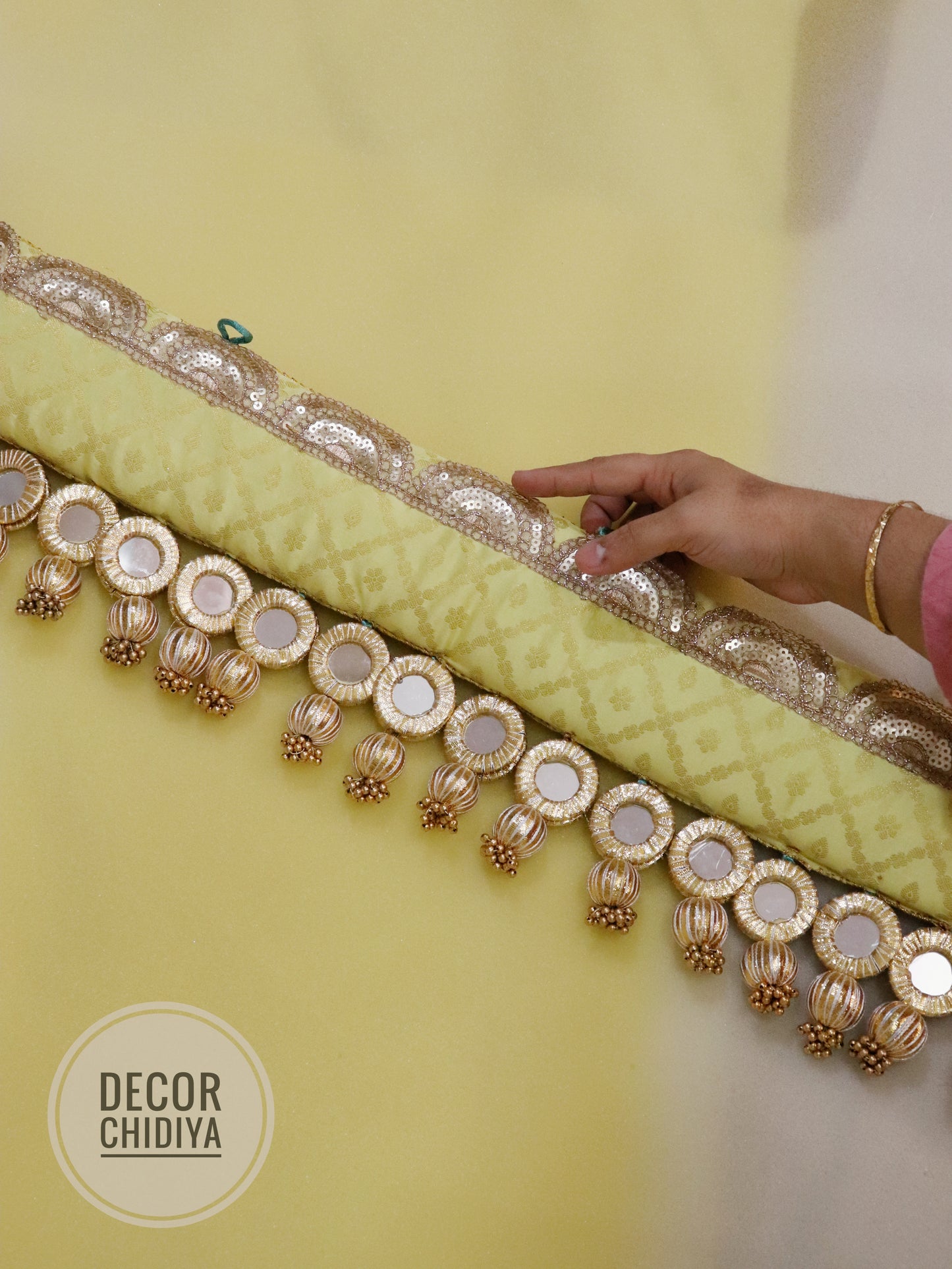 Mirror Straight Toran-Nimbu Pila kalash- Lemon yellow color - small motifs brocade toran