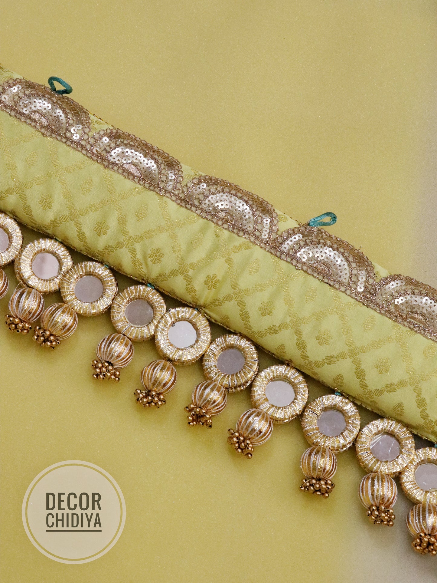 Mirror Straight Toran-Nimbu Pila kalash- Lemon yellow color - small motifs brocade toran