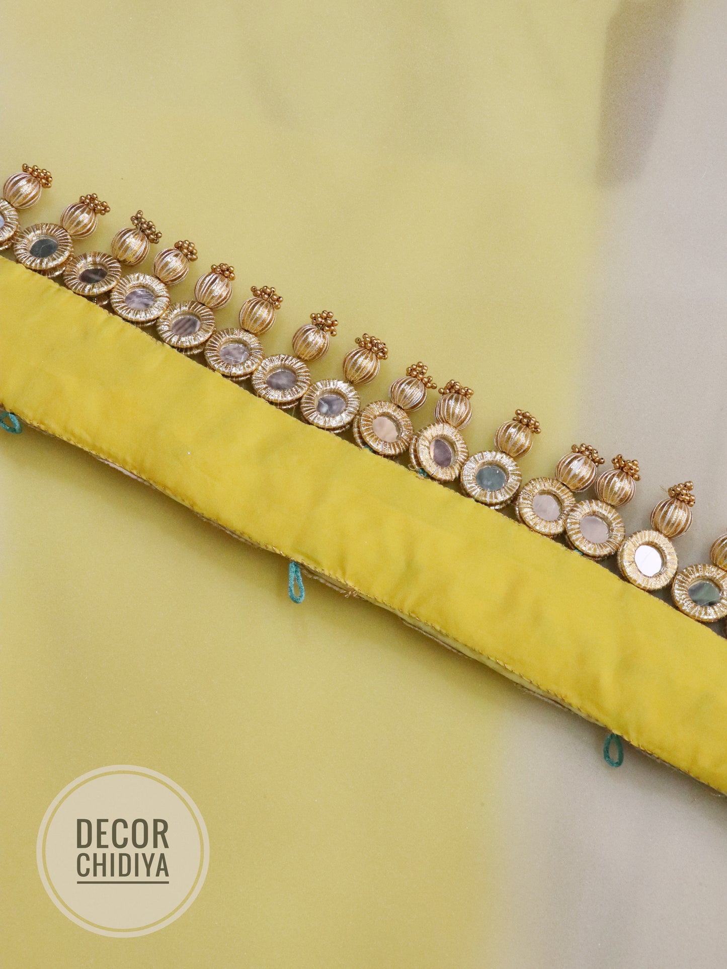 Mirror Straight Toran-Nimbu Pila kalash- Lemon yellow color - small motifs brocade toran
