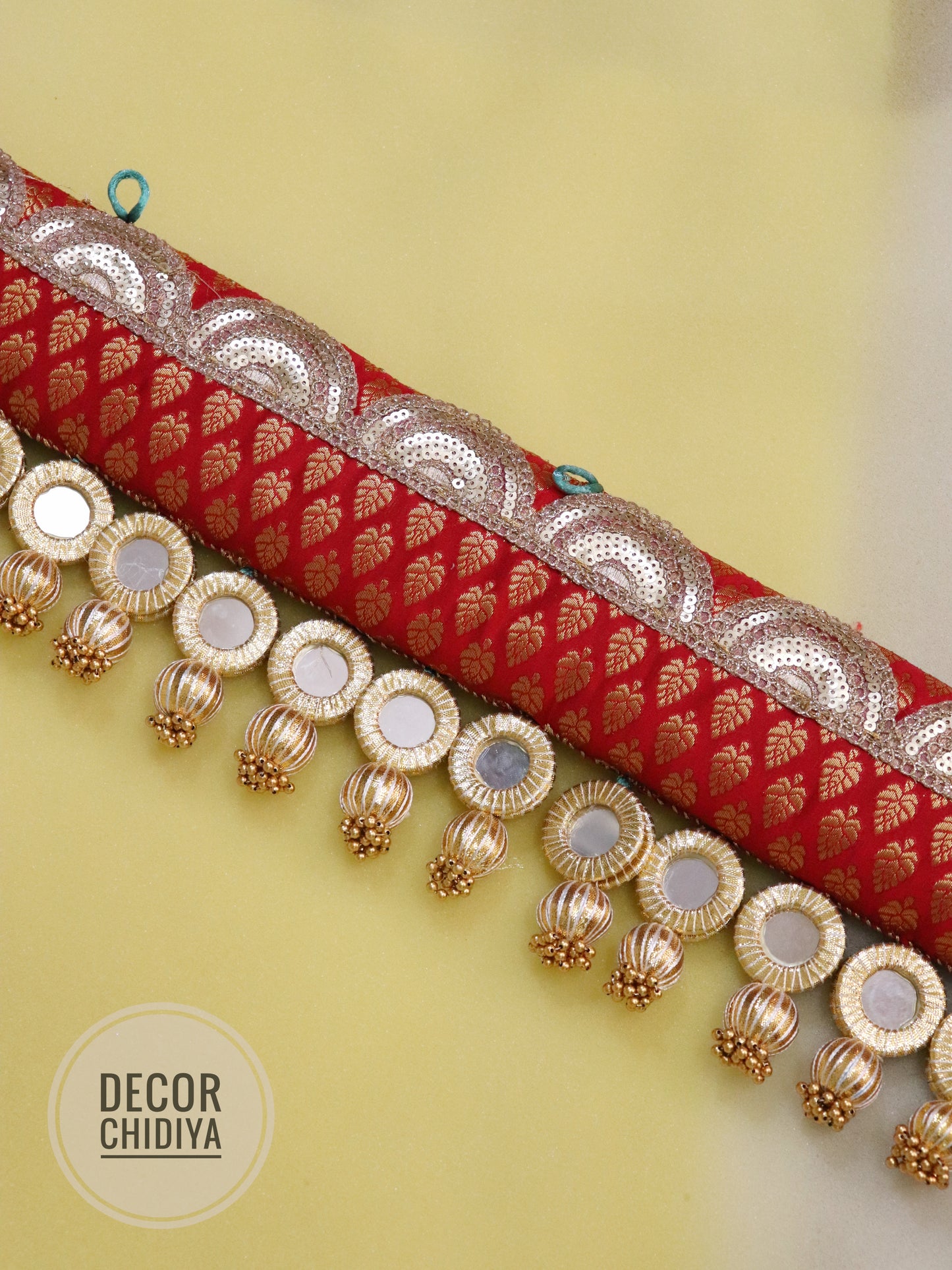 Mirror Straight Toran- Lal kalash- Red color - small motifs brocade toran