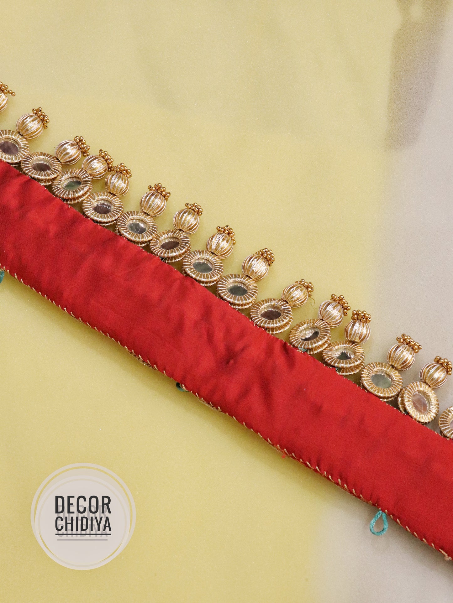 Mirror Straight Toran- Lal kalash- Red color - small motifs brocade toran