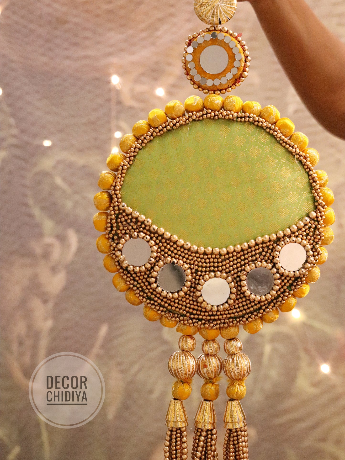 Aina - Mirror work wall hanging in Pistachio and Yellow - Parijat sunehri